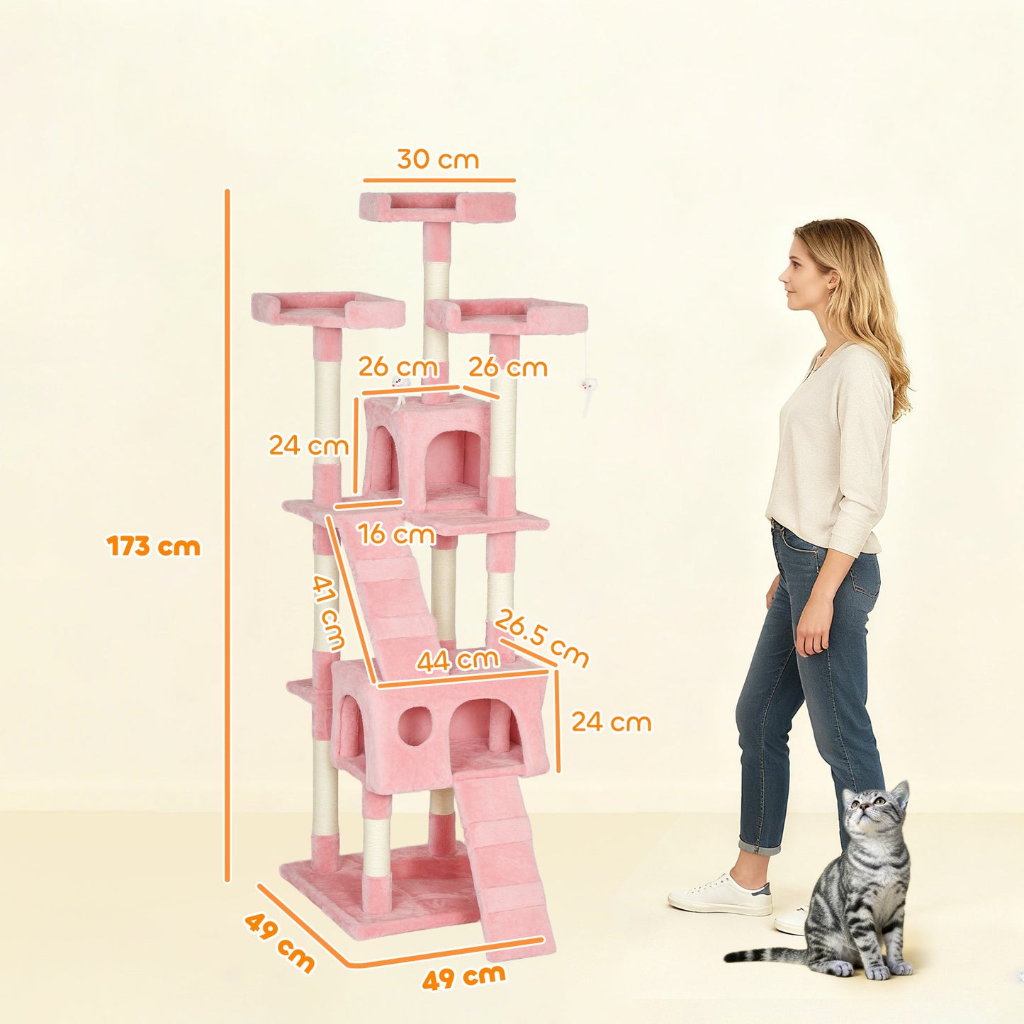 Large Cat Tree, 173 cm Cat Tower with 10 Scratching Posts, 3 Perches, 2 Condos, 1 Ramp, Kitty Climbing Tower, Activity Centre House  for Indoor Kittens, Pink
