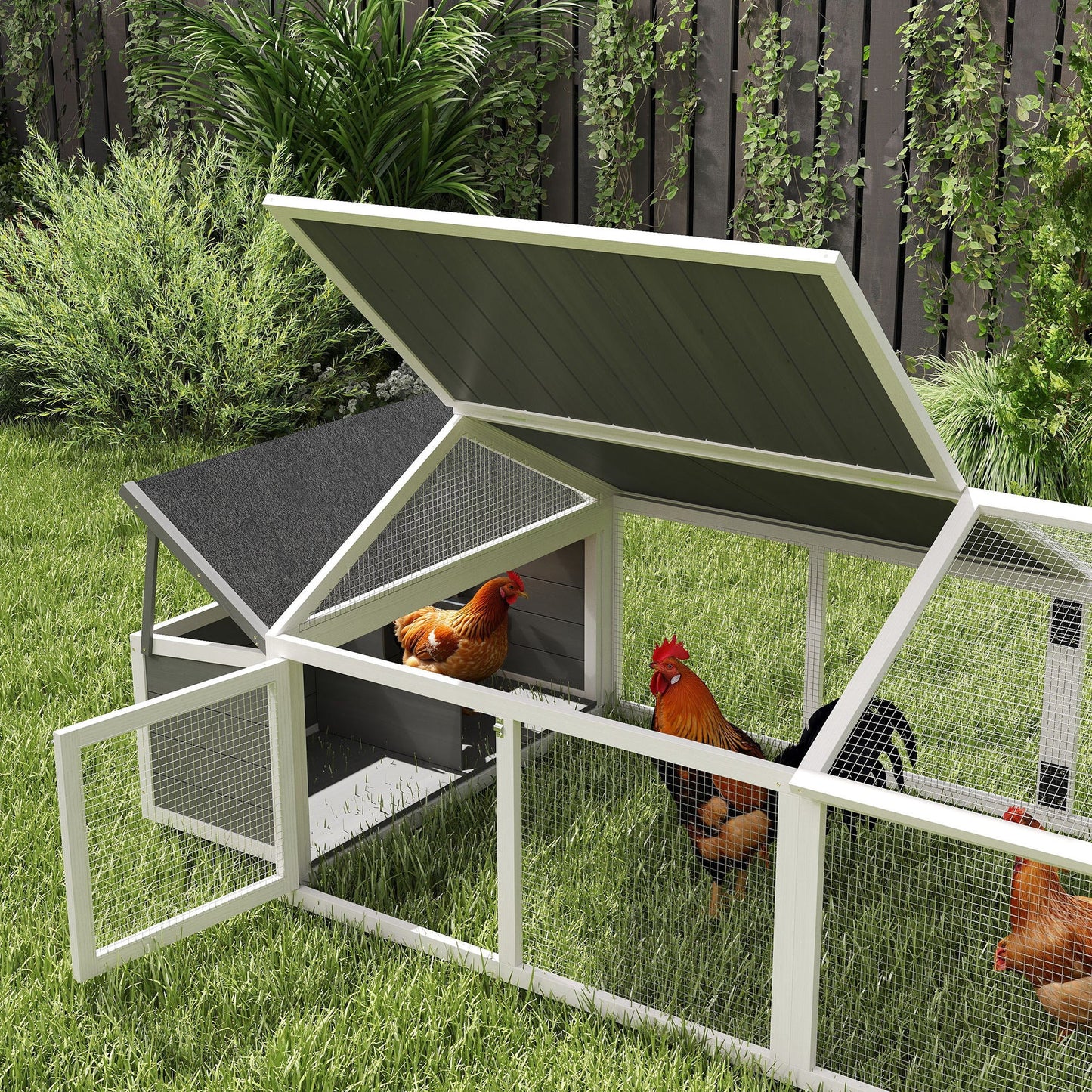 Chicken Run, Wooden Chicken Coop with Nesting Box, Openable Roof for 4-8 Chickens, Rabbits, Ducks, for Garden - White