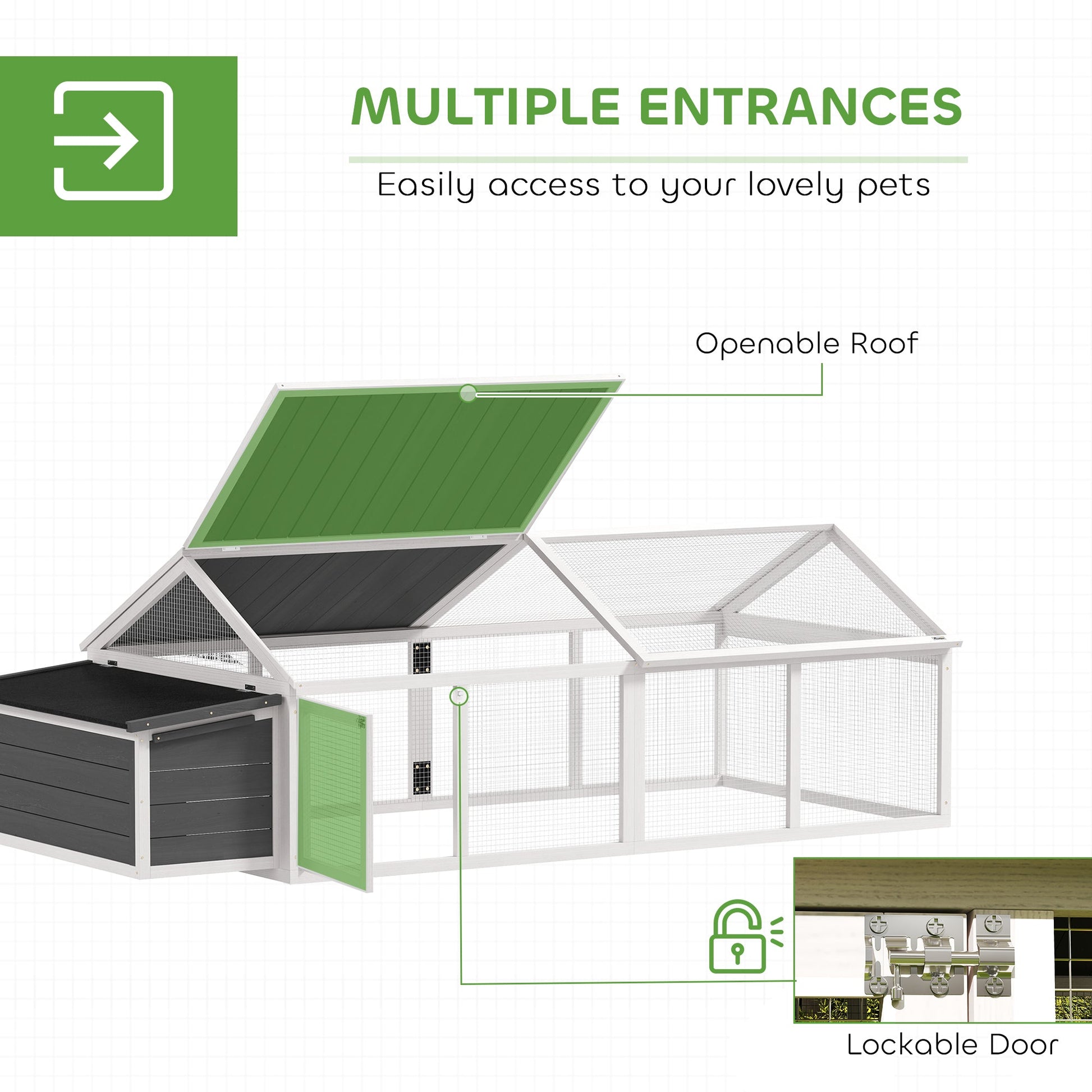 Chicken Run, Wooden Chicken Coop with Nesting Box, Openable Roof for 4-8 Chickens, Rabbits, Ducks, for Garden - White