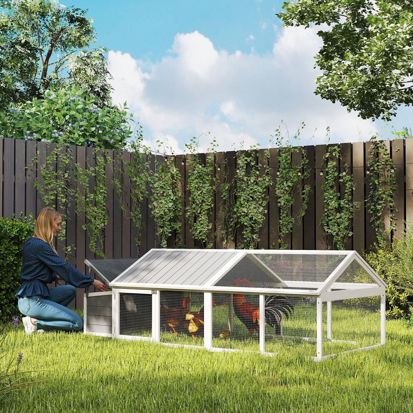 Chicken Run, Wooden Chicken Coop with Nesting Box, Openable Roof for 4-8 Chickens, Rabbits, Ducks, for Garden - White