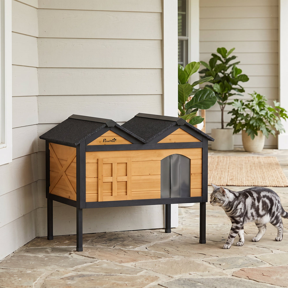 Outdoor Cat House Wooden with Removable Liner, Raised Cat Shelter Outdoor Indoor, Weatherproof Asphalt Roof, Wide Side Cleaning Door, PVC Curtain, 1 Cat up to 10 kg