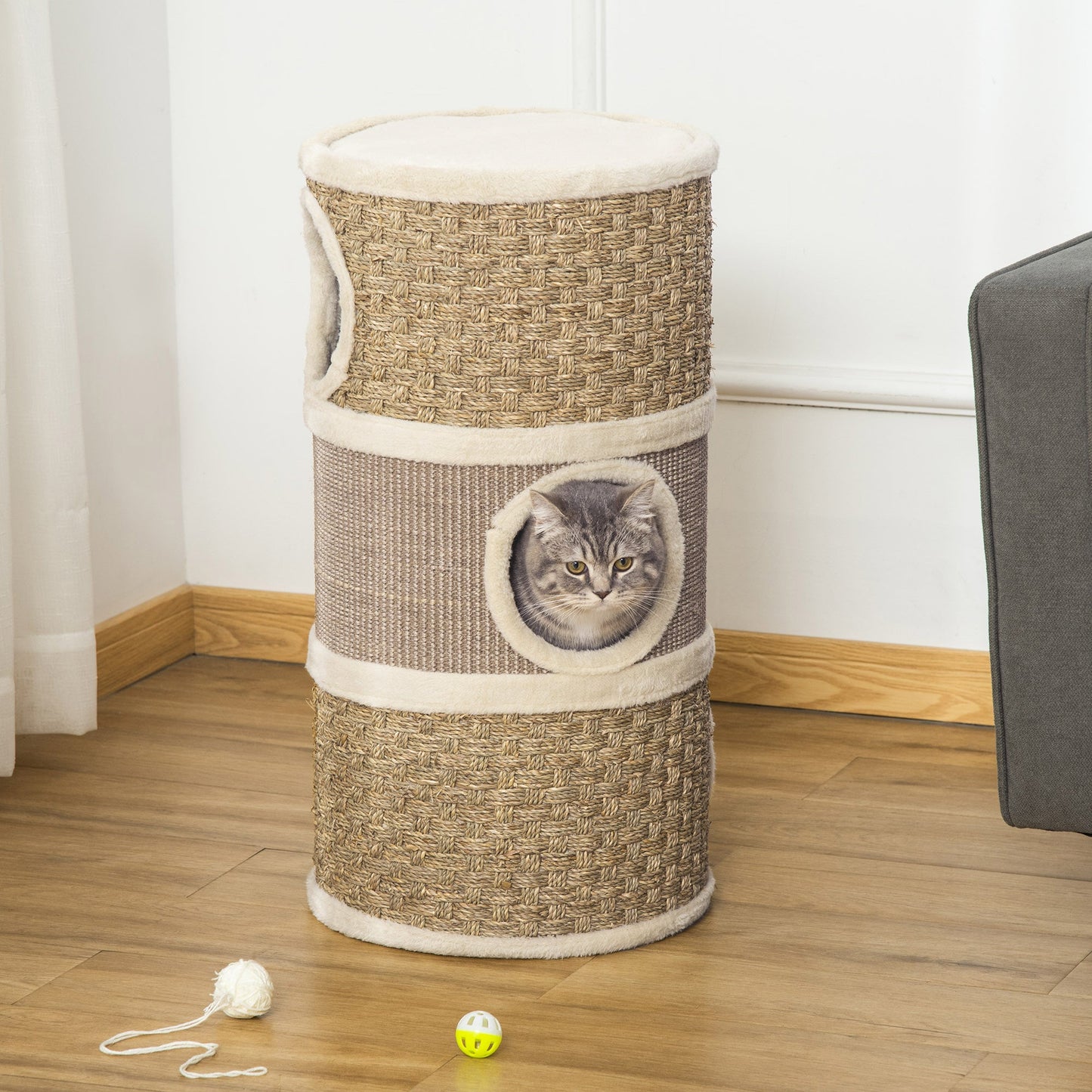 Cat Scratching Barrel Kitten Tree Tower for Indoor Cats Pet Furniture Climbing Frame Covered with Sisal and Seaweed Rope Cozy Platform Soft Plush