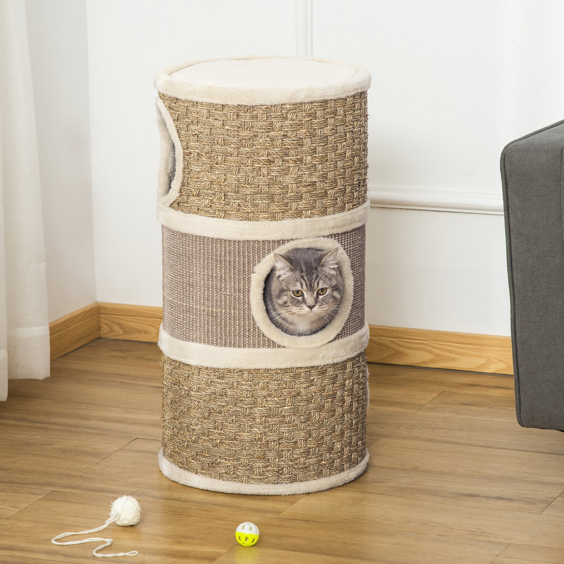 Cat Scratching Barrel Kitten Tree Tower for Indoor Cats Pet Furniture Climbing Frame Covered with Sisal and Seaweed Rope Cozy Platform Soft Plush
