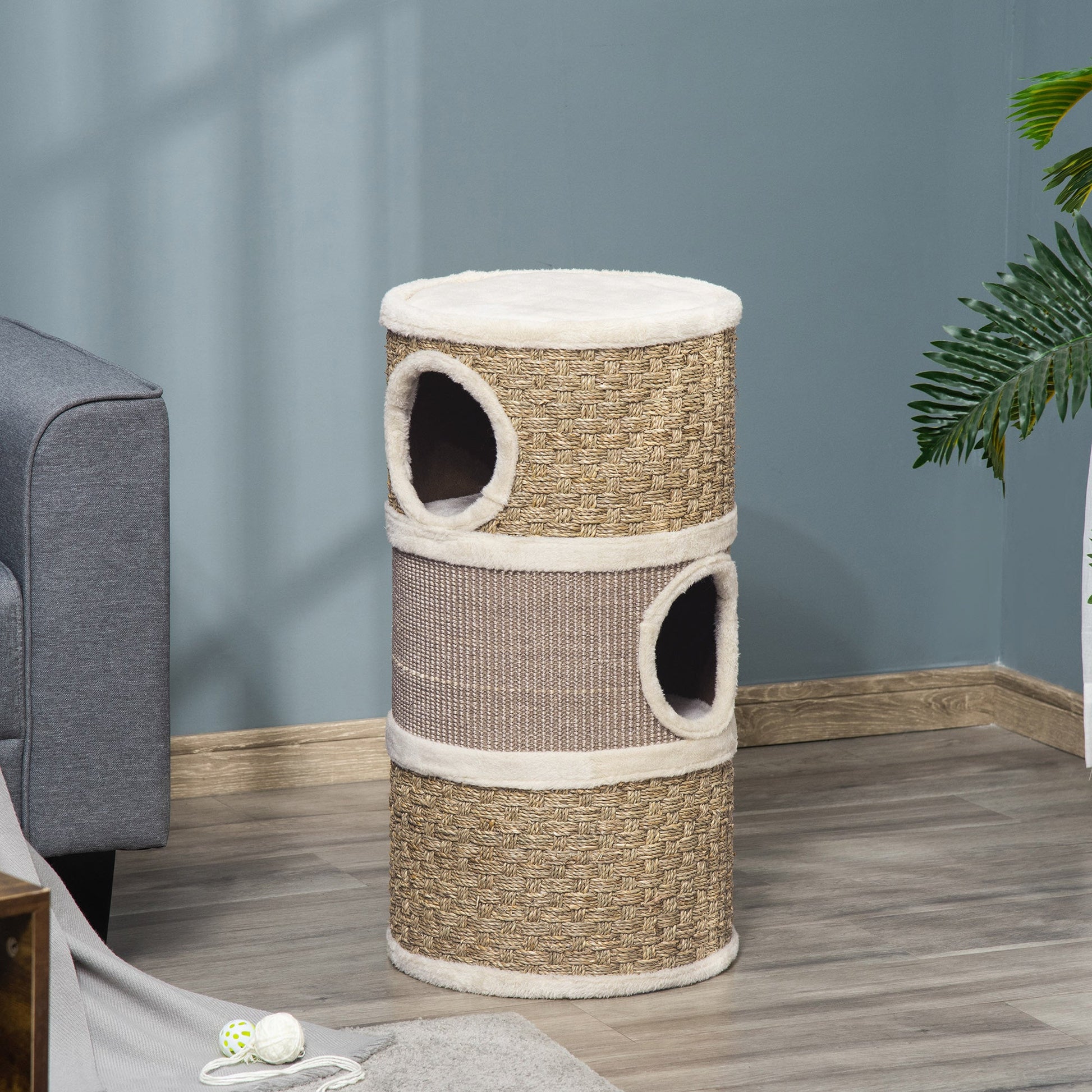 Cat Scratching Barrel Kitten Tree Tower for Indoor Cats Pet Furniture Climbing Frame Covered with Sisal and Seaweed Rope Cozy Platform Soft Plush