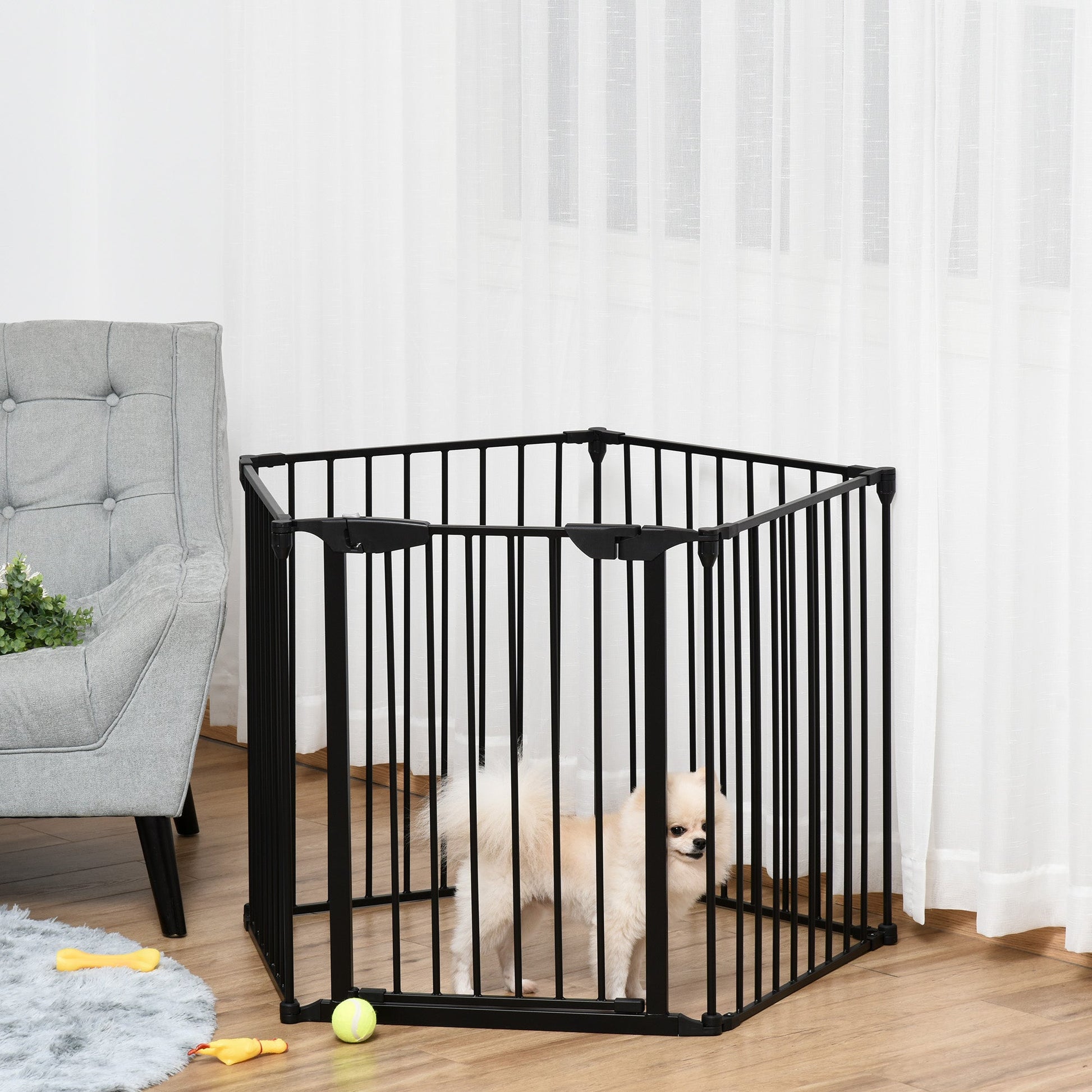 Pet Safety Gate, 5 Panels Playpen Fireplace, Metal Fence, Stair Barrier, Room Divider w/ Walk-Through Door - Black