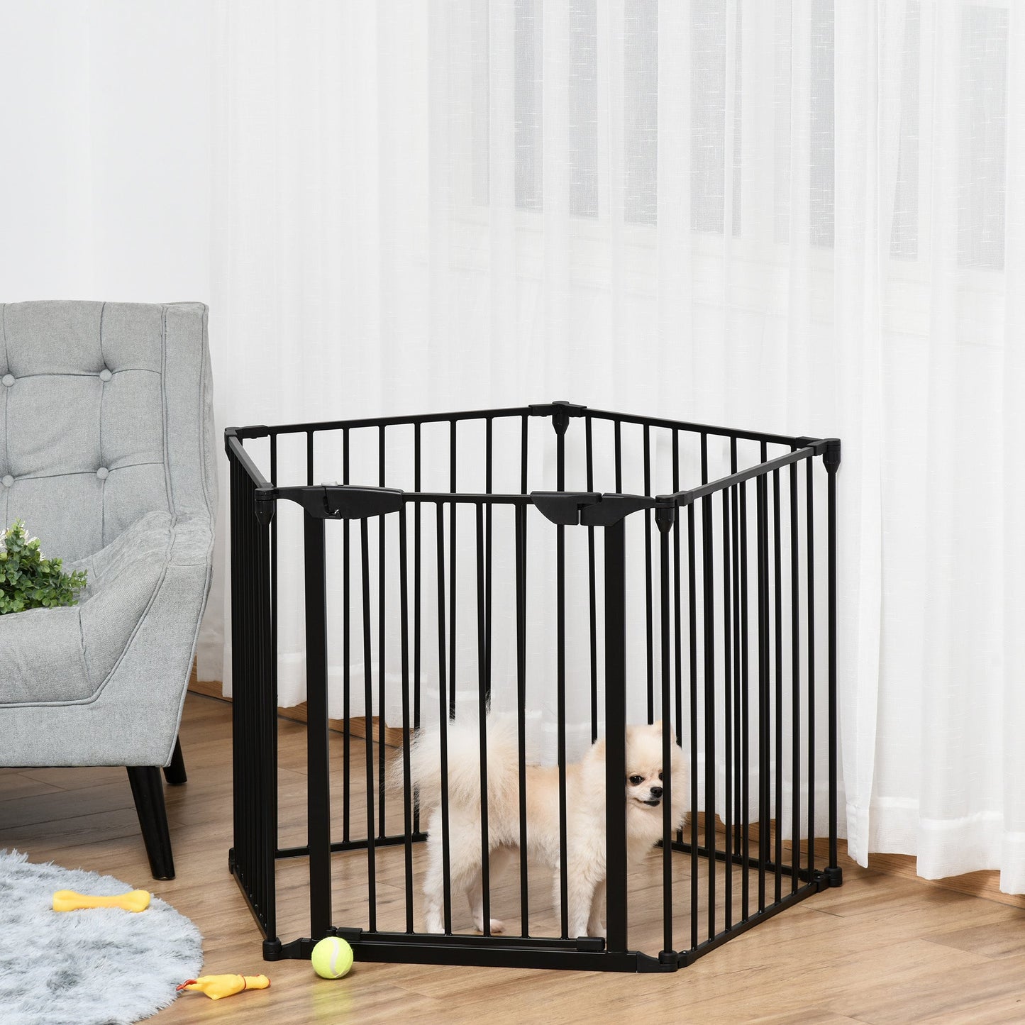 Pet Safety Gate, 5 Panels Playpen Fireplace, Metal Fence, Stair Barrier, Room Divider w/ Walk-Through Door - Black