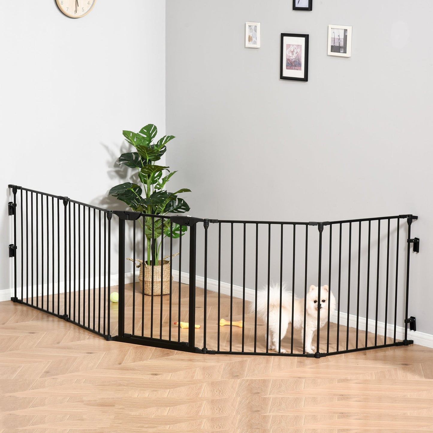 Pet Safety Gate, 5 Panels Playpen Fireplace, Metal Fence, Stair Barrier, Room Divider w/ Walk-Through Door - Black