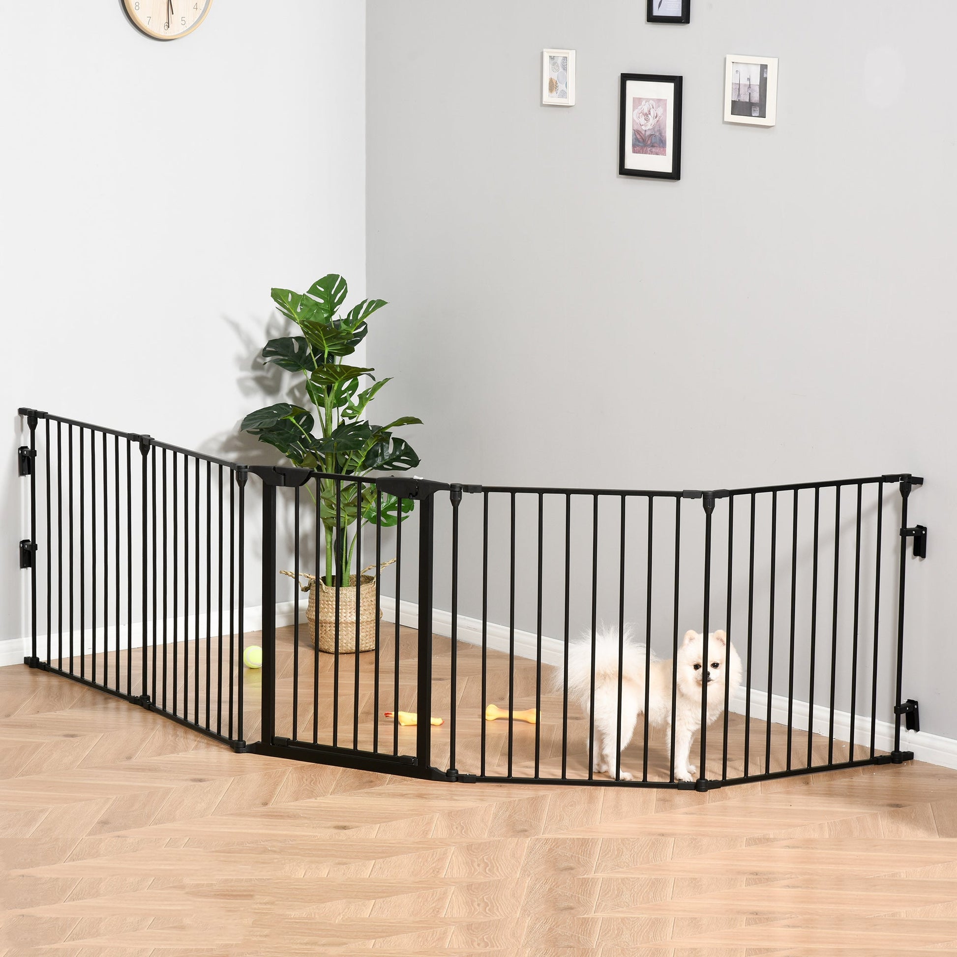 Pet Safety Gate, 5 Panels Playpen Fireplace, Metal Fence, Stair Barrier, Room Divider w/ Walk-Through Door - Black