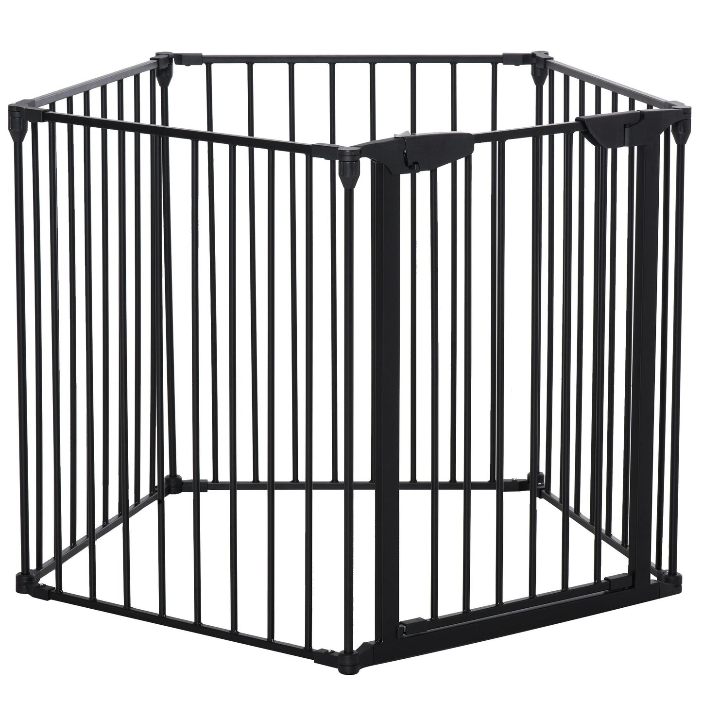 Pet Safety Gate, 5 Panels Playpen Fireplace, Metal Fence, Stair Barrier, Room Divider w/ Walk-Through Door - Black