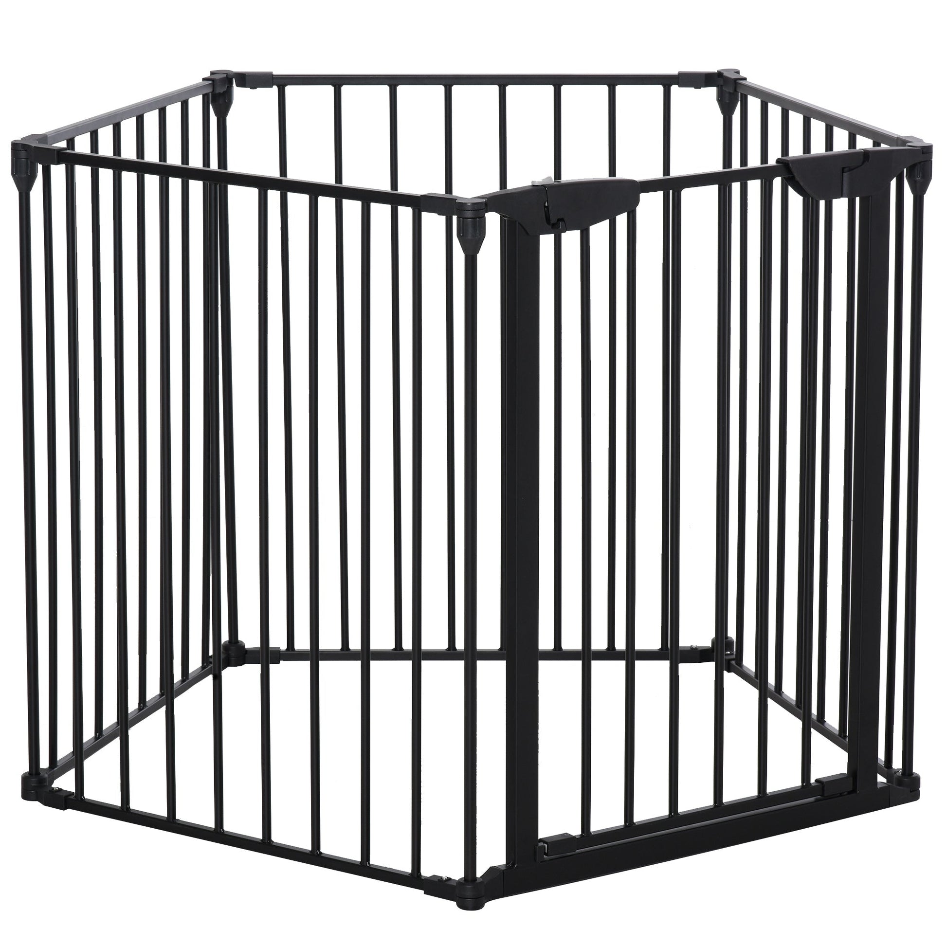 Pet Safety Gate, 5 Panels Playpen Fireplace, Metal Fence, Stair Barrier, Room Divider w/ Walk-Through Door - Black