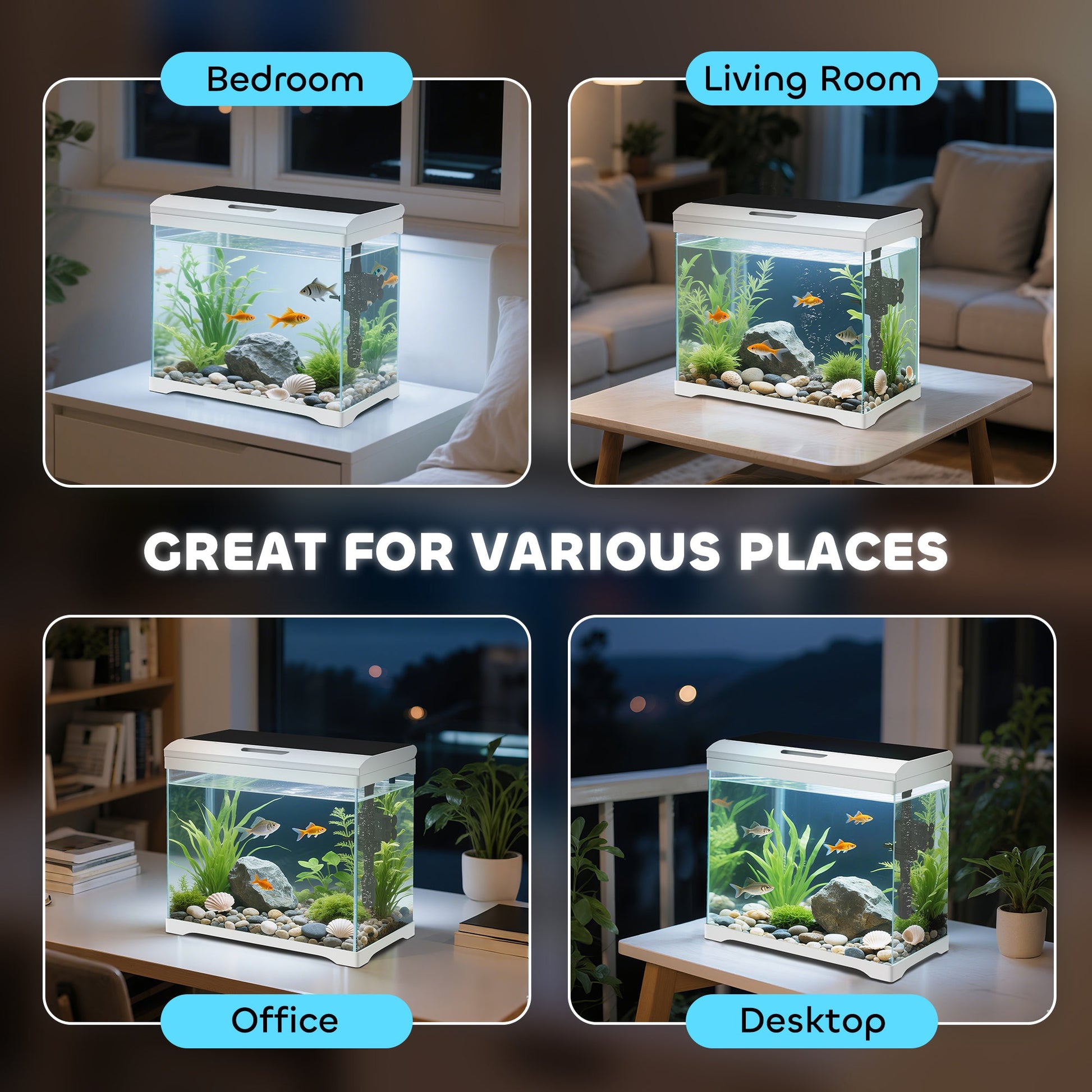 27L Fish Tank, Glass Aquarium with Filter System, LED Light, Water Pump, Fish Tank Starter Kits for Betta, Goldfish, Shrimps, White