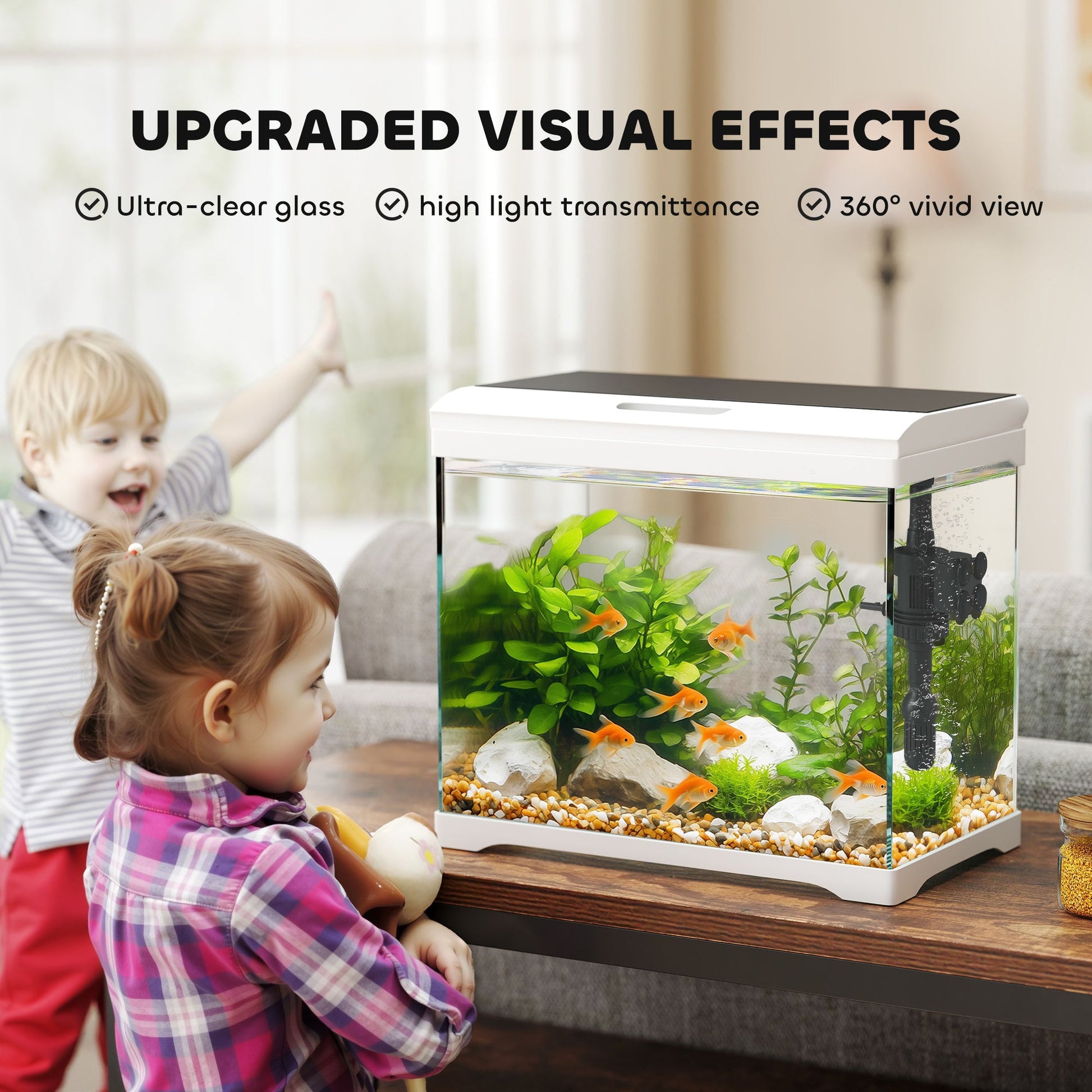 27L Fish Tank, Glass Aquarium with Filter System, LED Light, Water Pump, Fish Tank Starter Kits for Betta, Goldfish, Shrimps, White