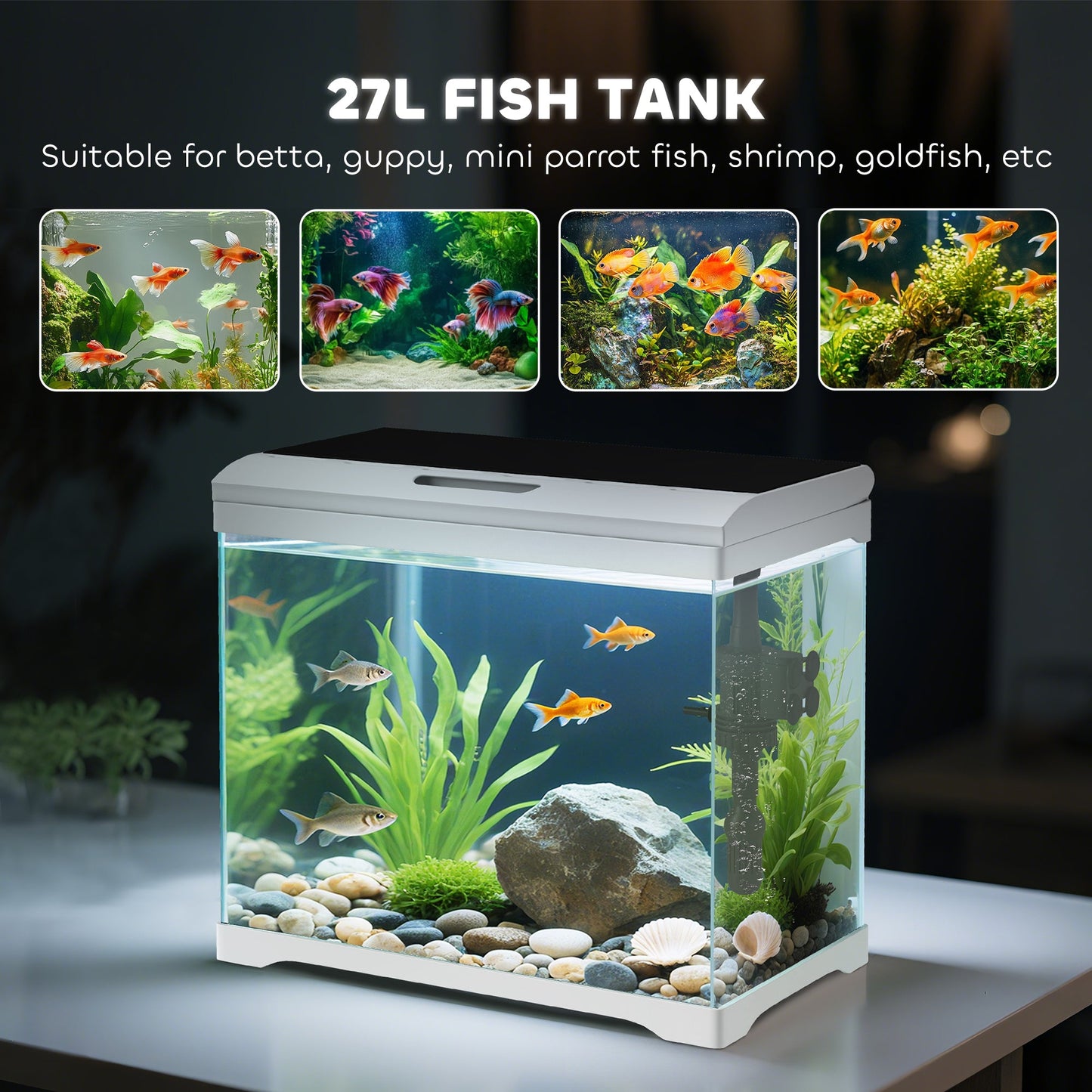 27L Fish Tank, Glass Aquarium with Filter System, LED Light, Water Pump, Fish Tank Starter Kits for Betta, Goldfish, Shrimps, White
