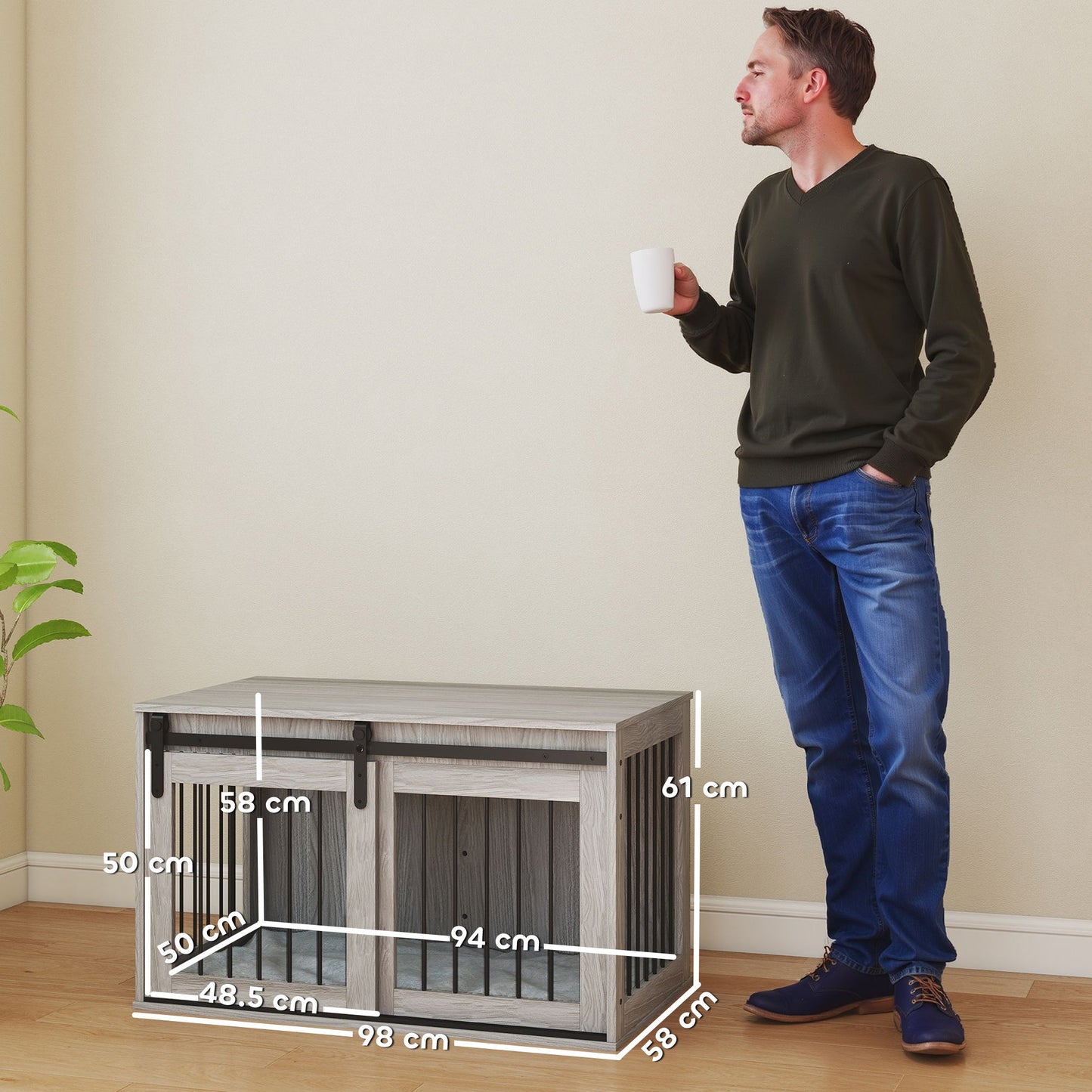 Dog Crate Furniture, Dog House Furniture Style for Large Breeds, Pet Kennel with Removable Cushion for Indoor Use, 98 x 58 x 61cm, Grey