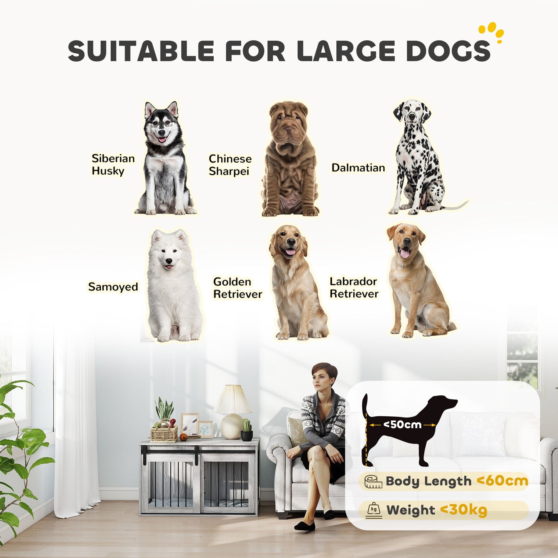 Dog Crate Furniture, Dog House Furniture Style for Large Breeds, Pet Kennel with Removable Cushion for Indoor Use, 98 x 58 x 61cm, Grey