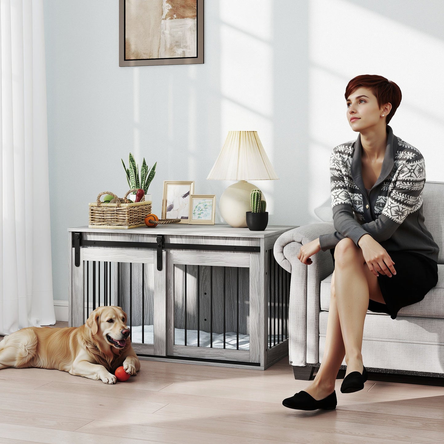 Dog Crate Furniture, Dog House Furniture Style for Large Breeds, Pet Kennel with Removable Cushion for Indoor Use, 98 x 58 x 61cm, Grey