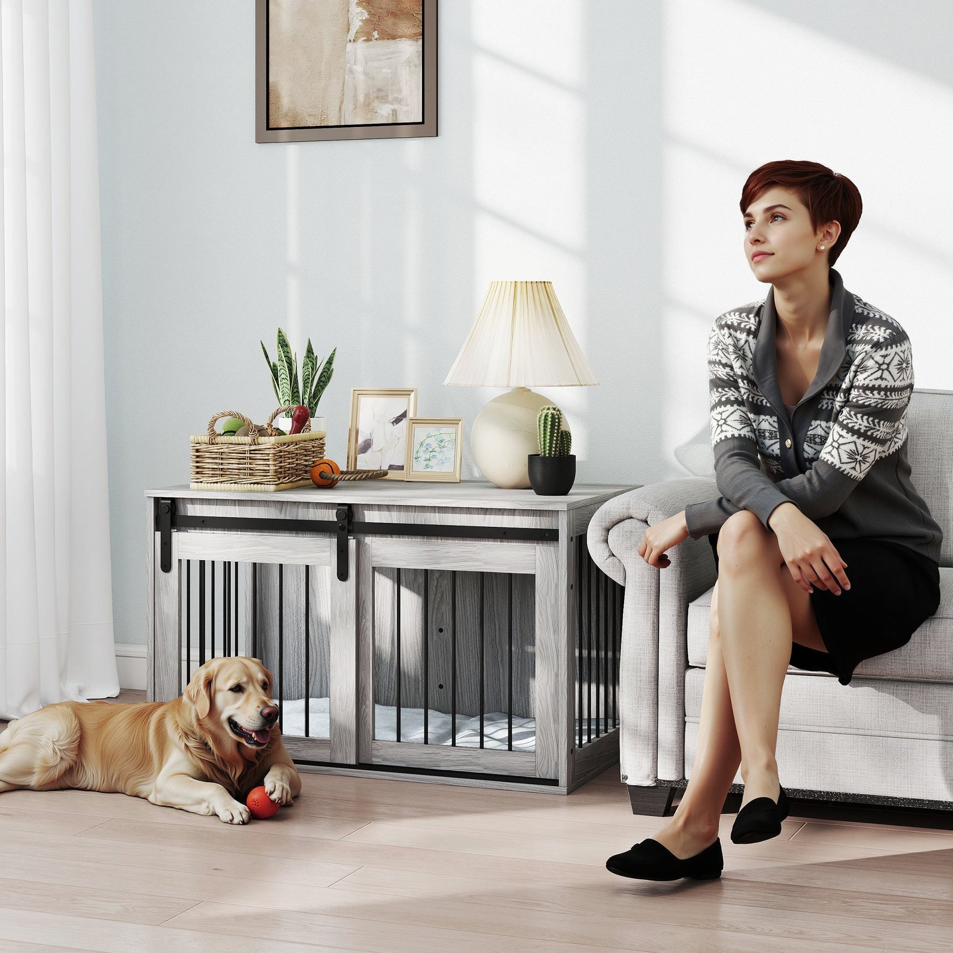 Dog Crate Furniture, Dog House Furniture Style for Large Breeds, Pet Kennel with Removable Cushion for Indoor Use, 98 x 58 x 61cm, Grey