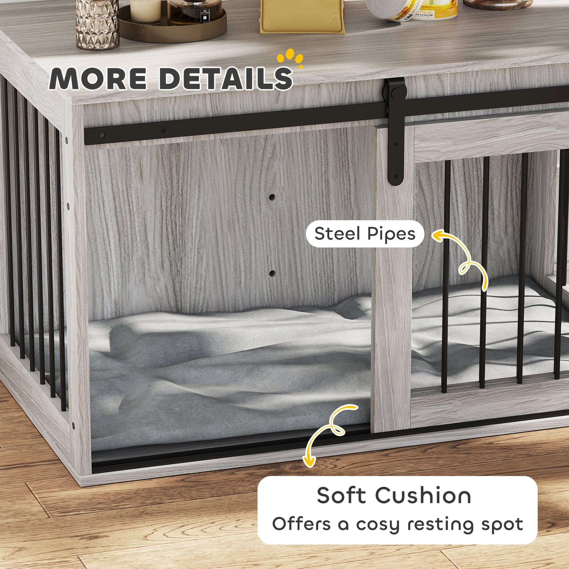 Dog Crate Furniture, Dog House Furniture Style for Large Breeds, Pet Kennel with Removable Cushion for Indoor Use, 98 x 58 x 61cm, Grey