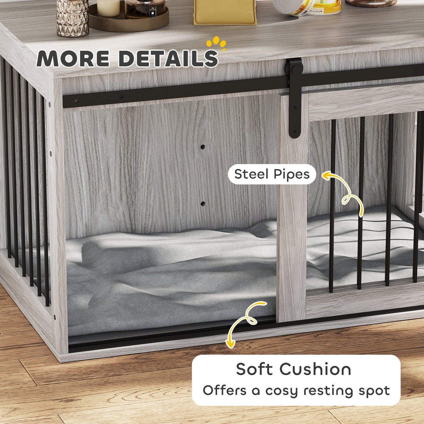 Dog Crate Furniture, Dog House Furniture Style for Large Breeds, Pet Kennel with Removable Cushion for Indoor Use, 98 x 58 x 61cm, Grey