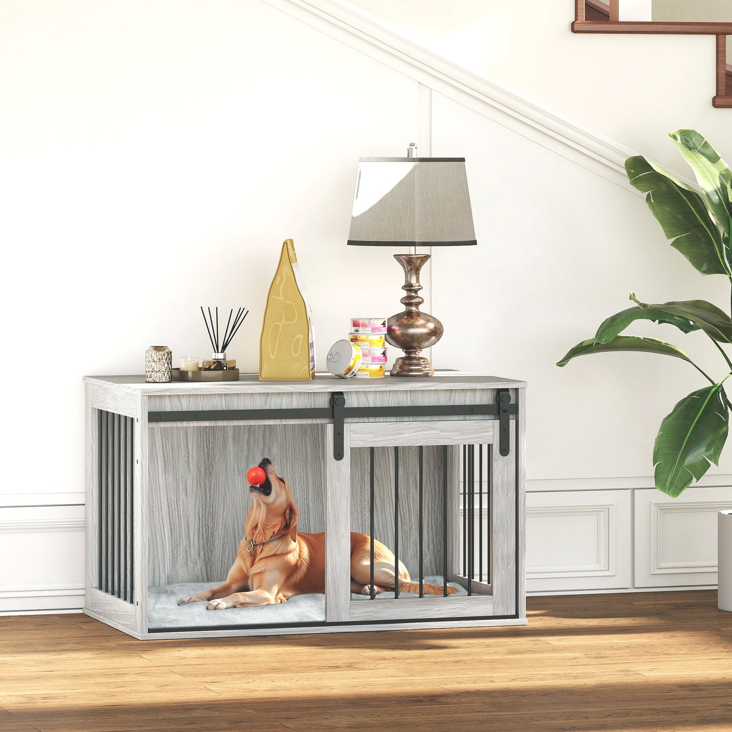 Dog Crate Furniture, Dog House Furniture Style for Large Breeds, Pet Kennel with Removable Cushion for Indoor Use, 98 x 58 x 61cm, Grey