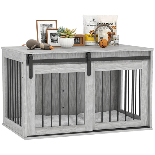 Dog Crate Furniture, Dog House Furniture Style for Large Breeds, Pet Kennel with Removable Cushion for Indoor Use, 98 x 58 x 61cm, Grey