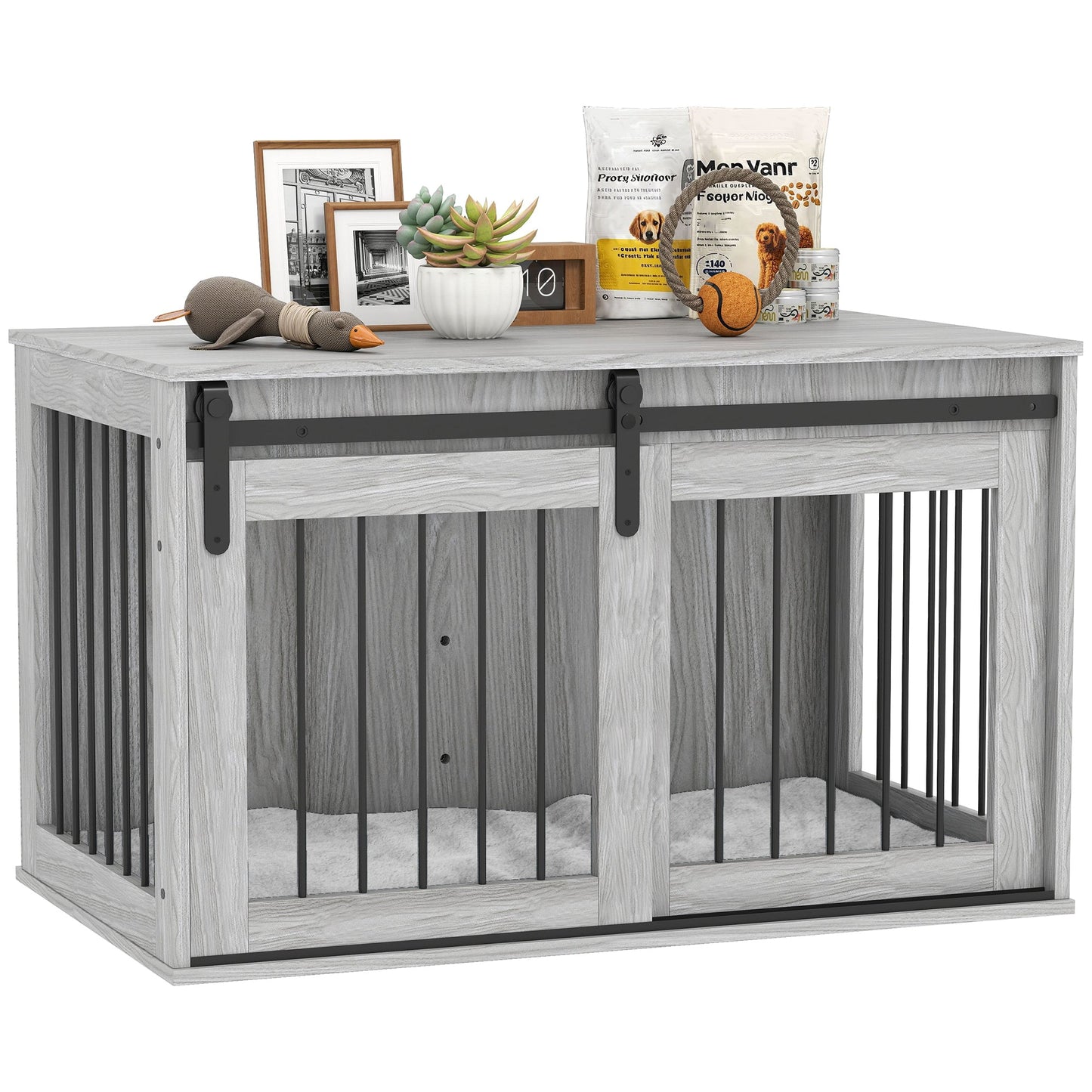 Dog Crate Furniture, Dog House Furniture Style for Large Breeds, Pet Kennel with Removable Cushion for Indoor Use, 98 x 58 x 61cm, Grey