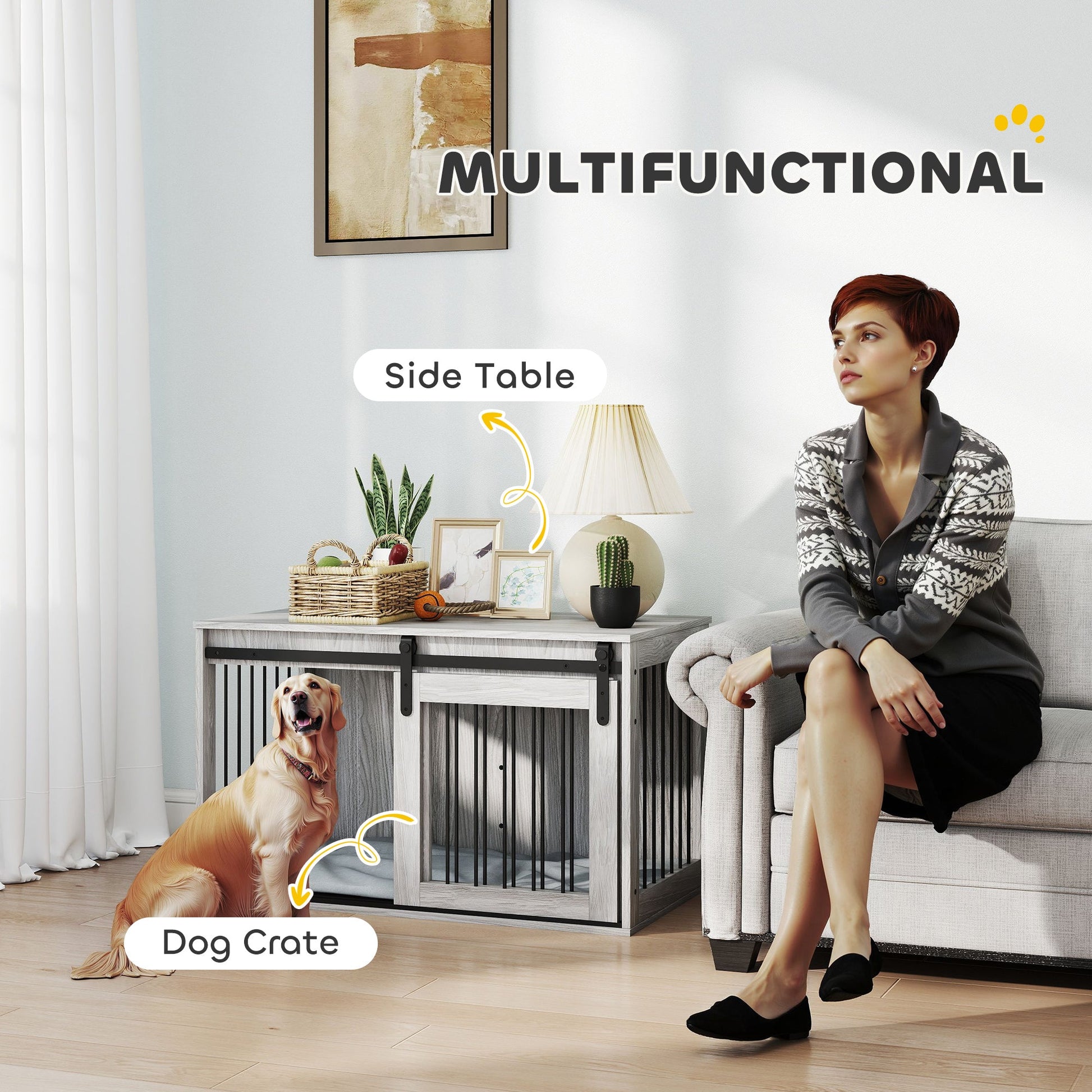 Dog Crate Furniture, Dog House Furniture Style for Large Breeds, Pet Kennel with Removable Cushion for Indoor Use, 98 x 58 x 61cm, Grey