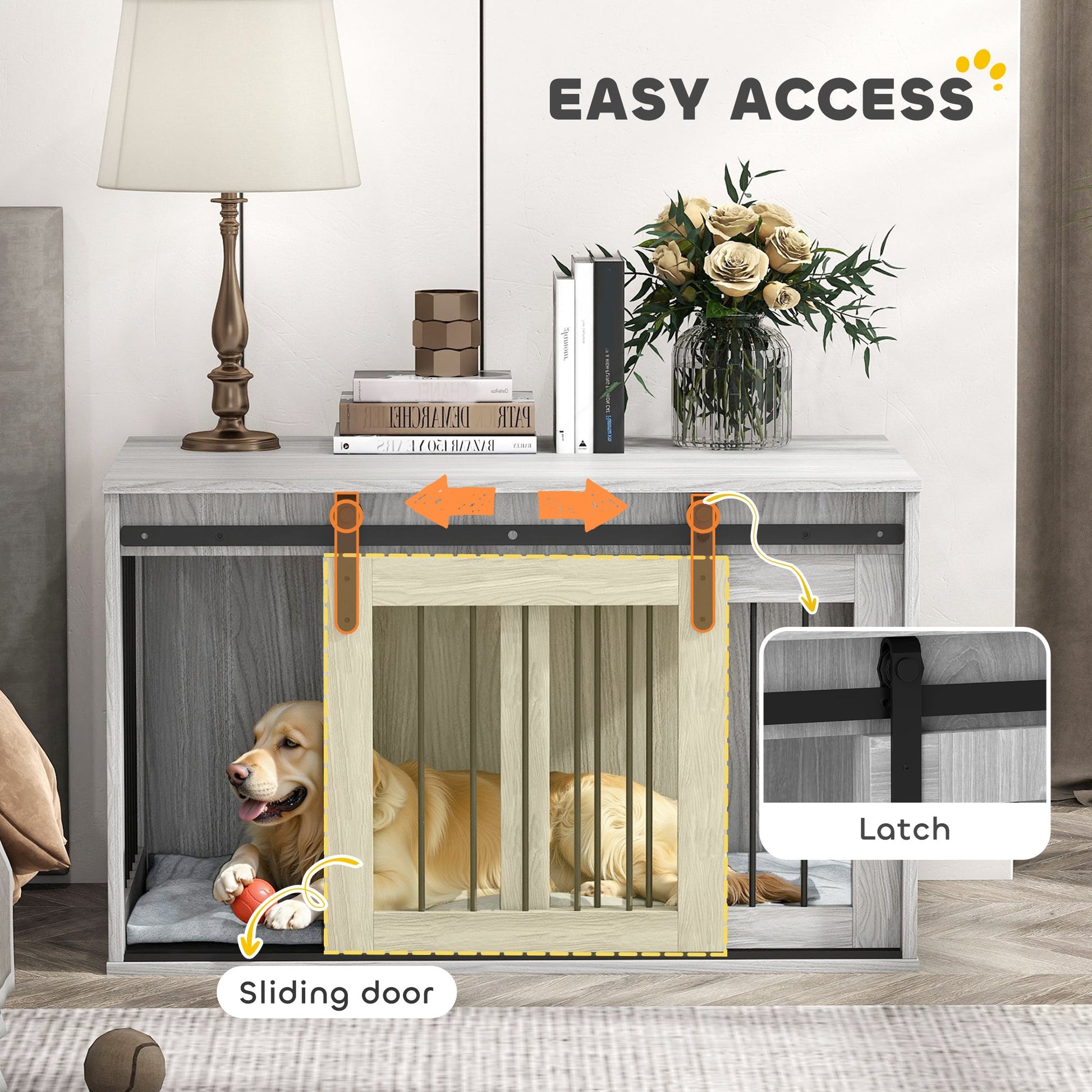 Dog Crate Furniture, Dog House Furniture Style for Large Breeds, Pet Kennel with Removable Cushion for Indoor Use, 98 x 58 x 61cm, Grey