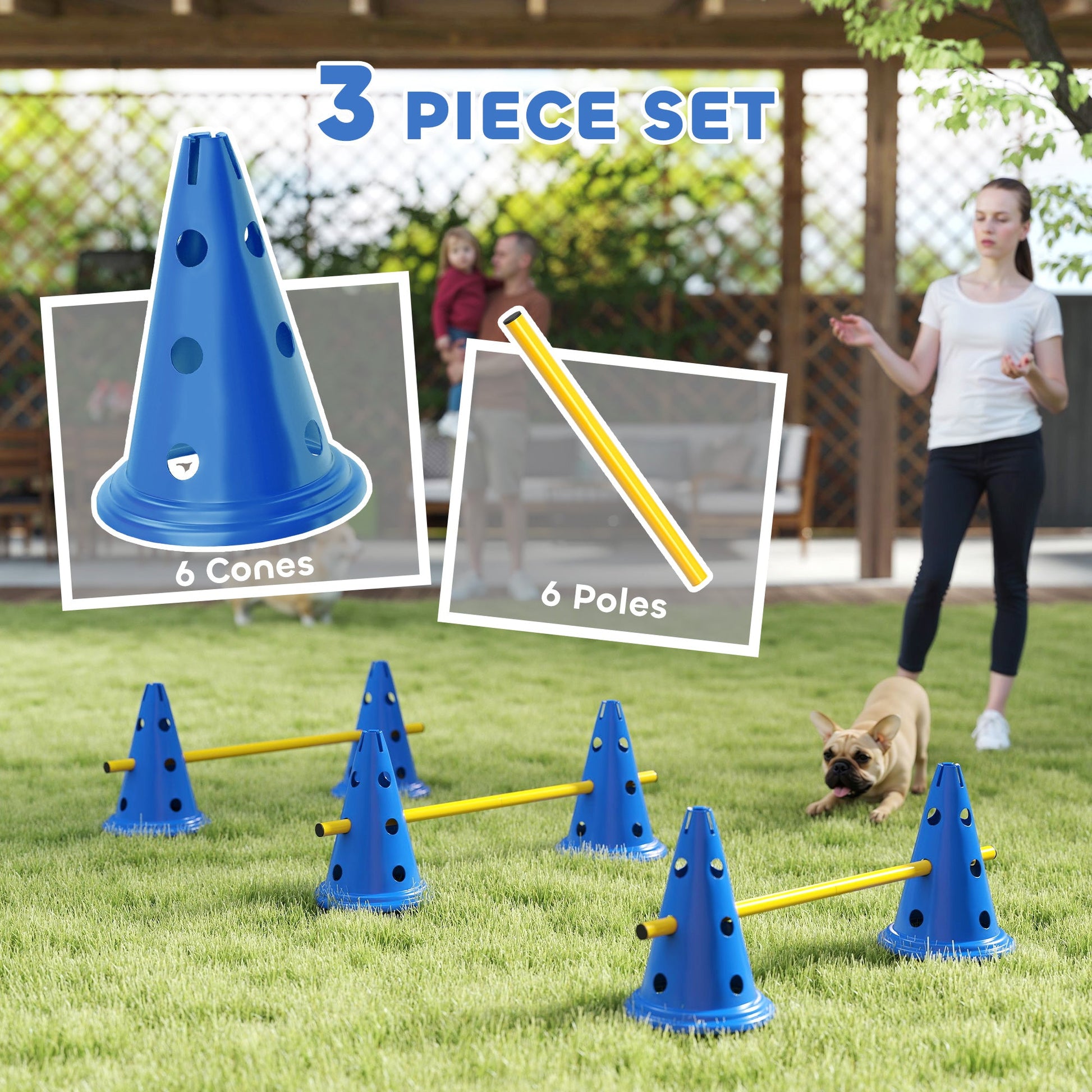 Dog Agility Equipment Set, Portable Pet Jump Training Kit for Six Cones, Six Poles with Carry Bag, Three-Piece Adjustable Height Jumping Obstacles, Blue
