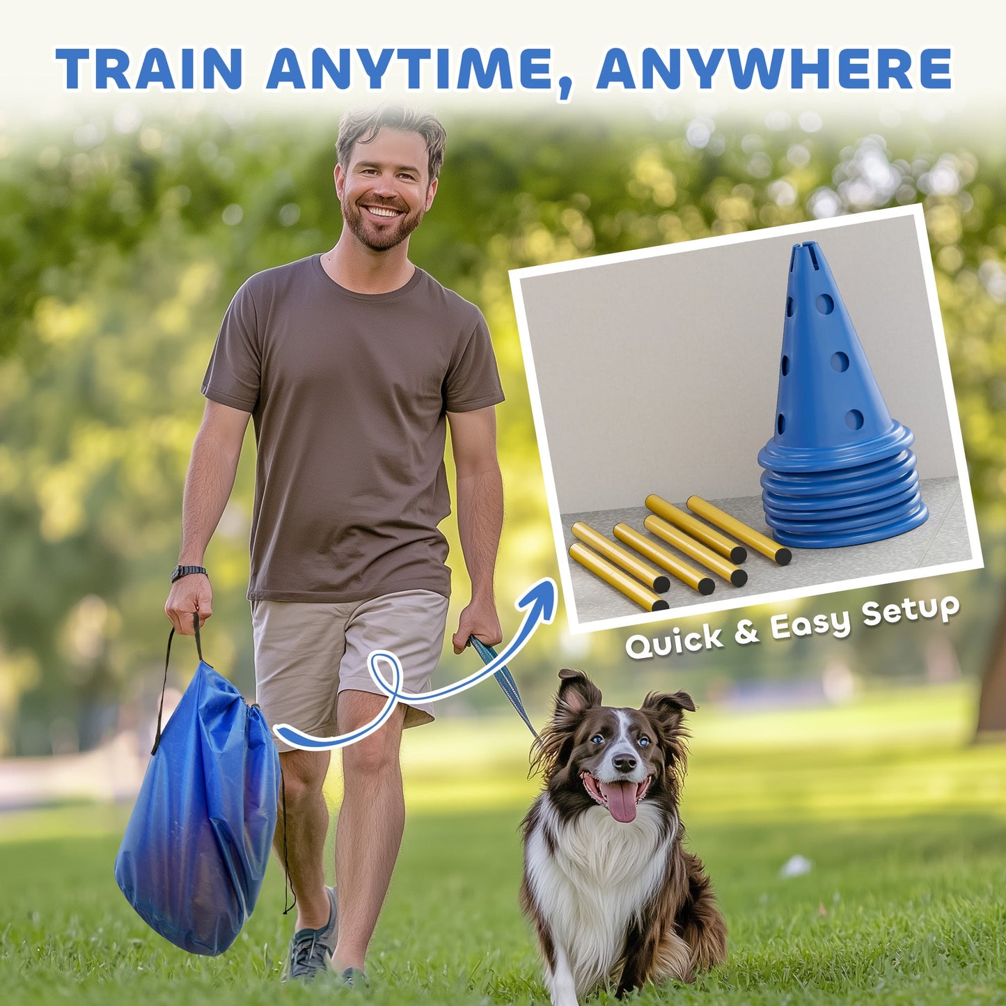 Dog Agility Equipment Set, Portable Pet Jump Training Kit for Six Cones, Six Poles with Carry Bag, Three-Piece Adjustable Height Jumping Obstacles, Blue