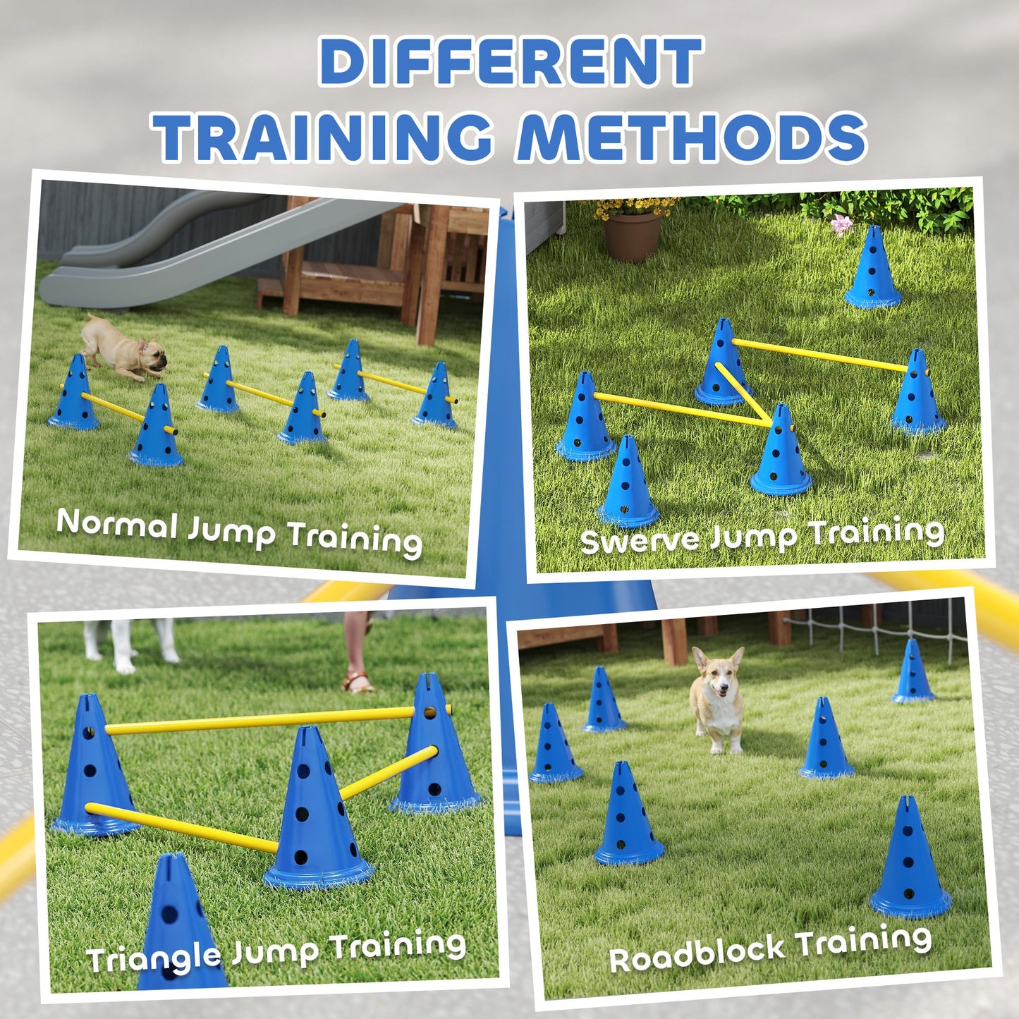 Dog Agility Equipment Set, Portable Pet Jump Training Kit for Six Cones, Six Poles with Carry Bag, Three-Piece Adjustable Height Jumping Obstacles, Blue