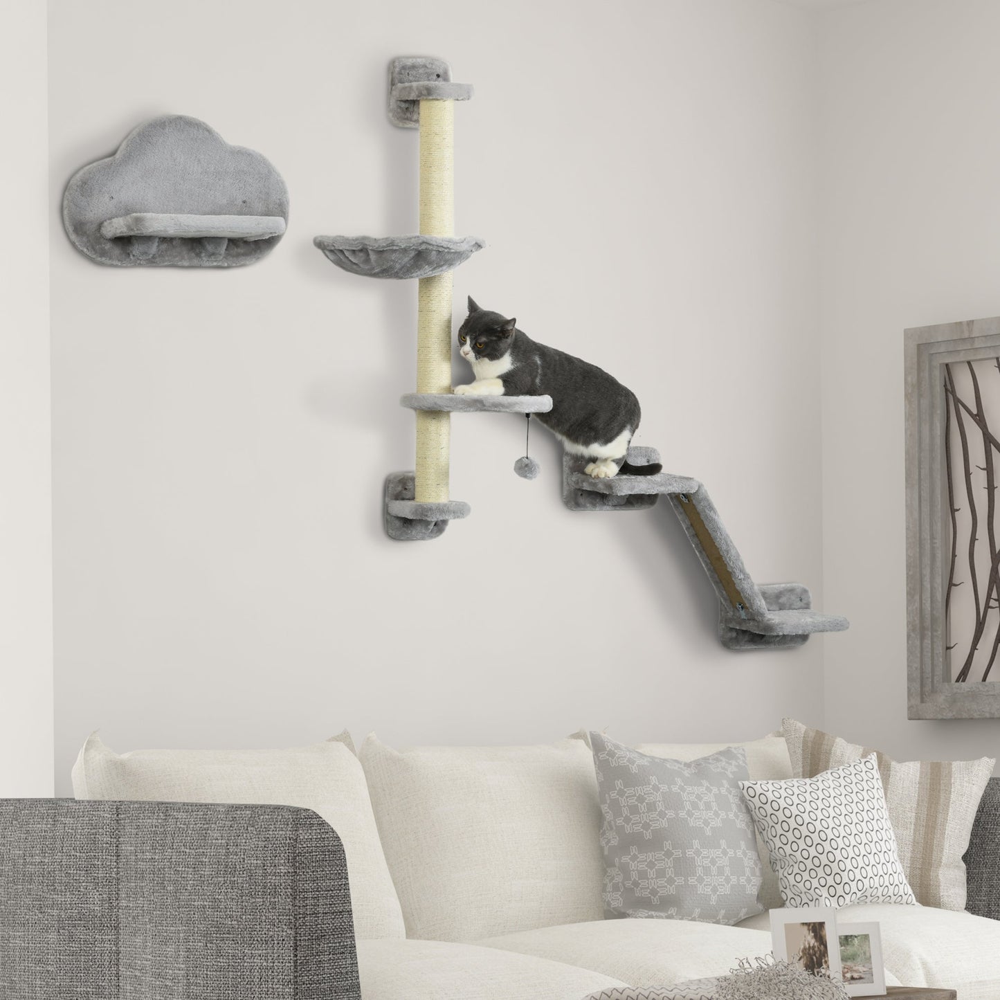 Three-Piece Wall-Mounted Cat Shelves, with Hammock, Cloud-Shaped Jumping Platform, Ladder, Scratching Post, Cat Wall Furniture with Play Ball for Large Cats - Grey