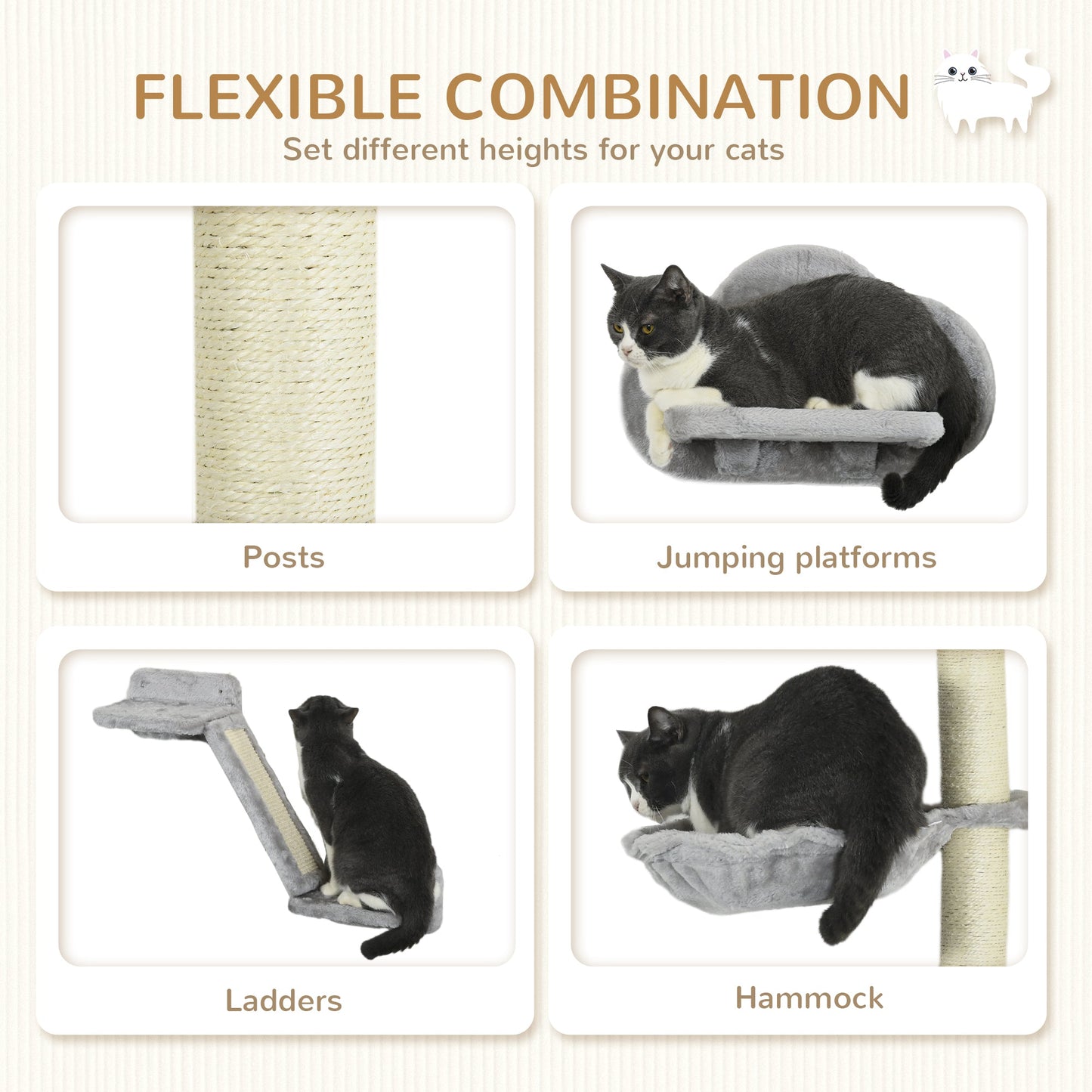 Three-Piece Wall-Mounted Cat Shelves, with Hammock, Cloud-Shaped Jumping Platform, Ladder, Scratching Post, Cat Wall Furniture with Play Ball for Large Cats - Grey