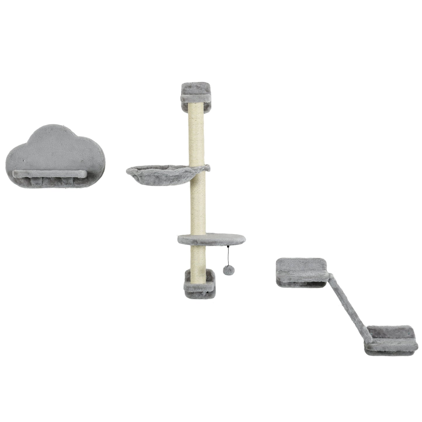 Three-Piece Wall-Mounted Cat Shelves, with Hammock, Cloud-Shaped Jumping Platform, Ladder, Scratching Post, Cat Wall Furniture with Play Ball for Large Cats - Grey