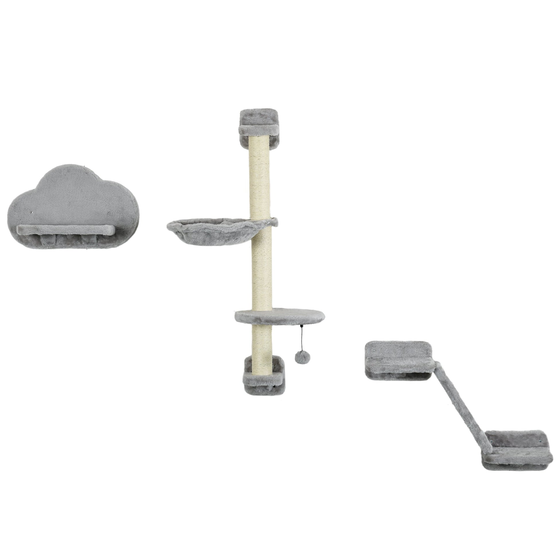 Three-Piece Wall-Mounted Cat Shelves, with Hammock, Cloud-Shaped Jumping Platform, Ladder, Scratching Post, Cat Wall Furniture with Play Ball for Large Cats - Grey