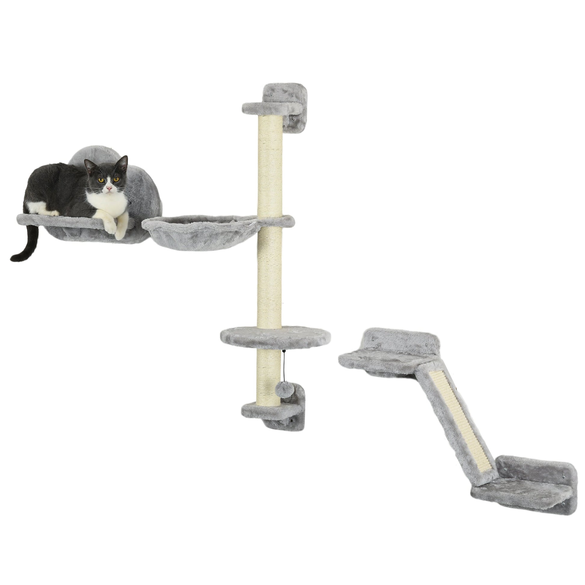 Three-Piece Wall-Mounted Cat Shelves, with Hammock, Cloud-Shaped Jumping Platform, Ladder, Scratching Post, Cat Wall Furniture with Play Ball for Large Cats - Grey