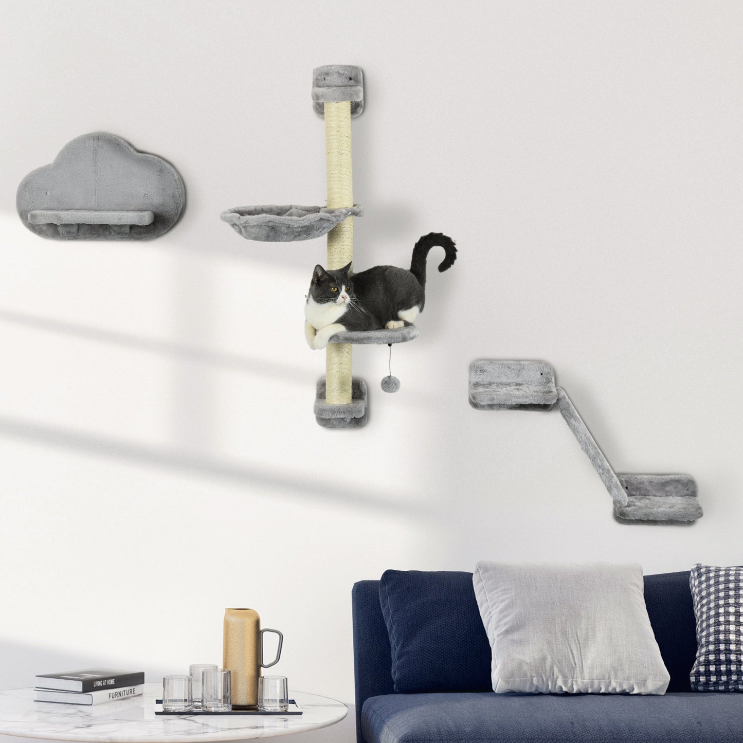 Three-Piece Wall-Mounted Cat Shelves, with Hammock, Cloud-Shaped Jumping Platform, Ladder, Scratching Post, Cat Wall Furniture with Play Ball for Large Cats - Grey