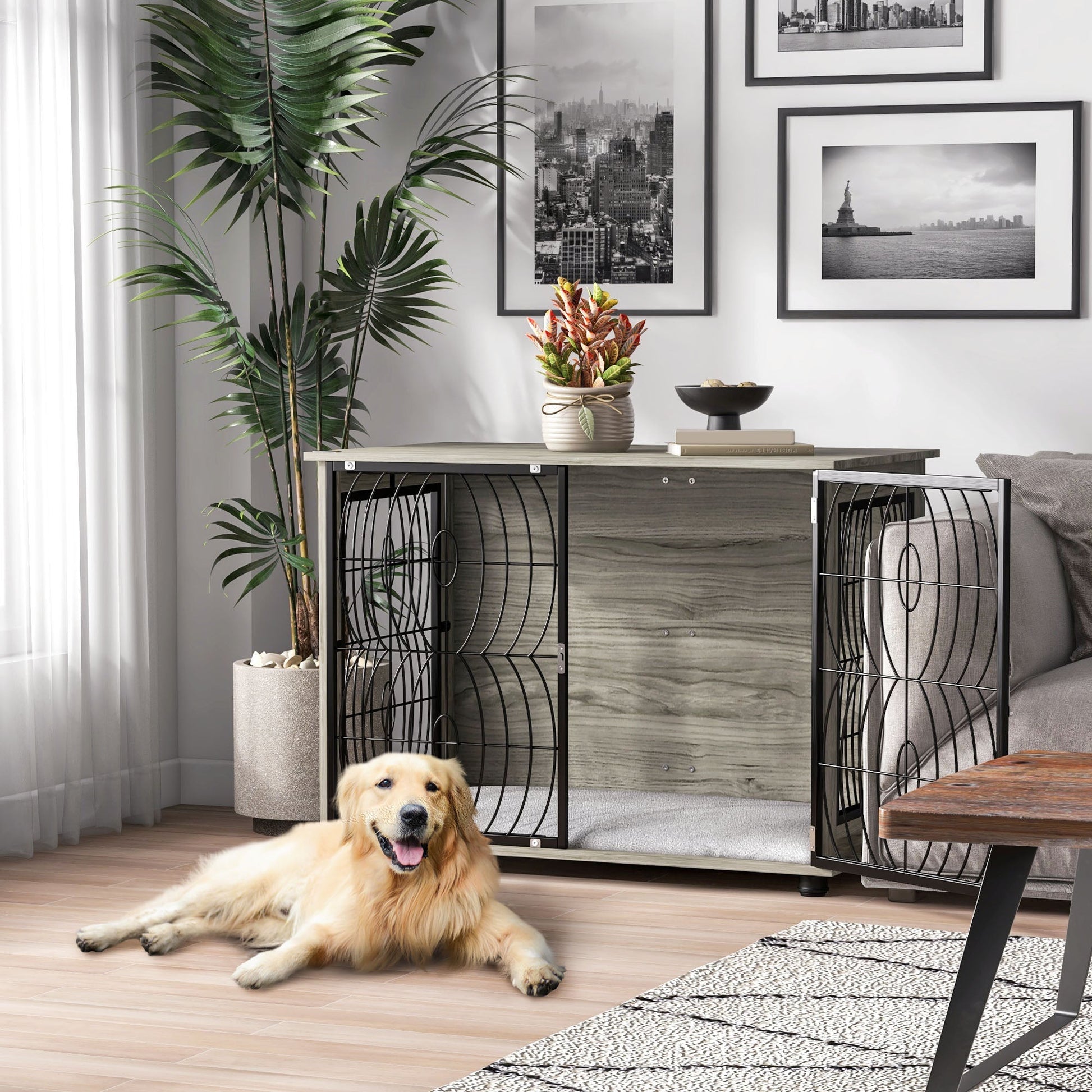 Dog Crate Furniture, Dog Cage End Table with Large Top, Soft Washable Cushion, Lockable Front Door, Wire Mesh Ventilation, Indoor Pet Crate for Large Sized, 100 x 60 x 74cm - Grey