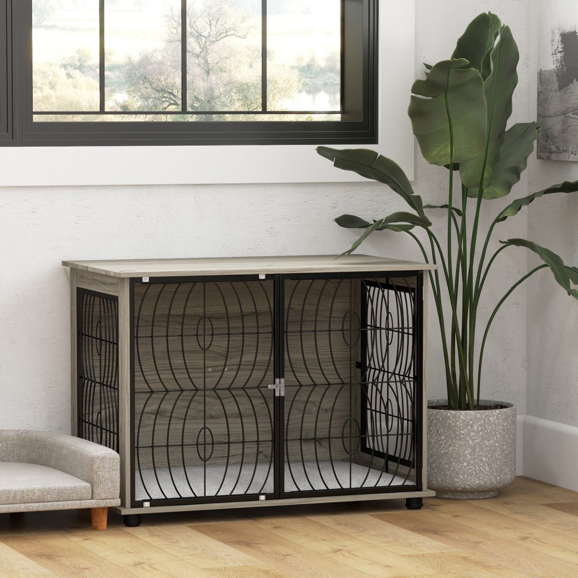Dog Crate Furniture, Dog Cage End Table with Large Top, Soft Washable Cushion, Lockable Front Door, Wire Mesh Ventilation, Indoor Pet Crate for Large Sized, 100 x 60 x 74cm - Grey