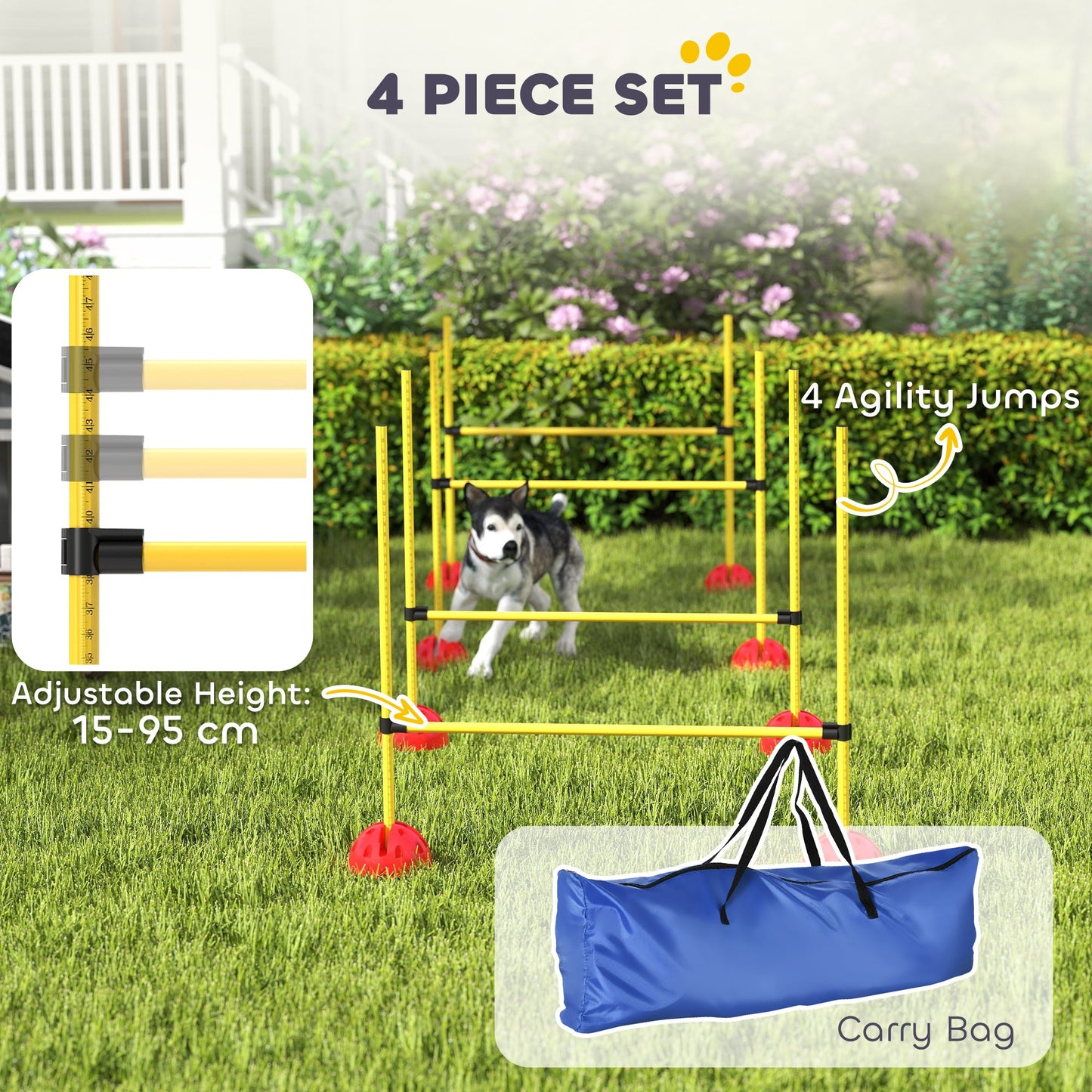 4 Piece Agility Training Equipment for Dogs with Height Adjustable Jump Hurdle, Bag, Portable, Easy Assemble Dog Outdoor Obstacle Course for Training
