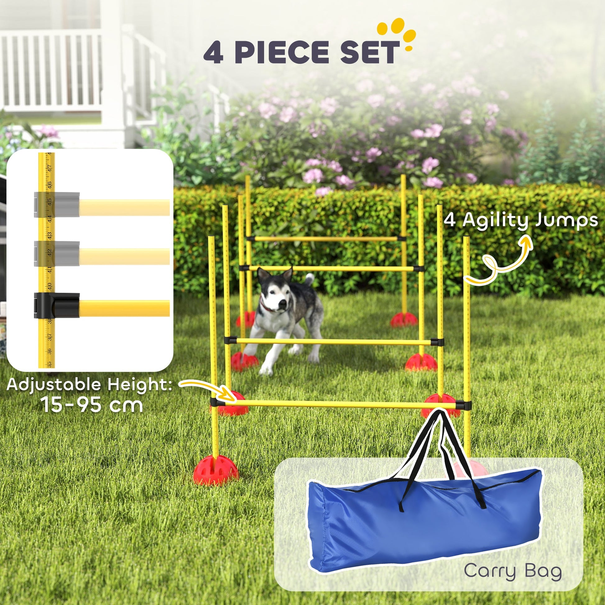 4 Piece Agility Training Equipment for Dogs with Height Adjustable Jump Hurdle, Bag, Portable, Easy Assemble Dog Outdoor Obstacle Course for Training