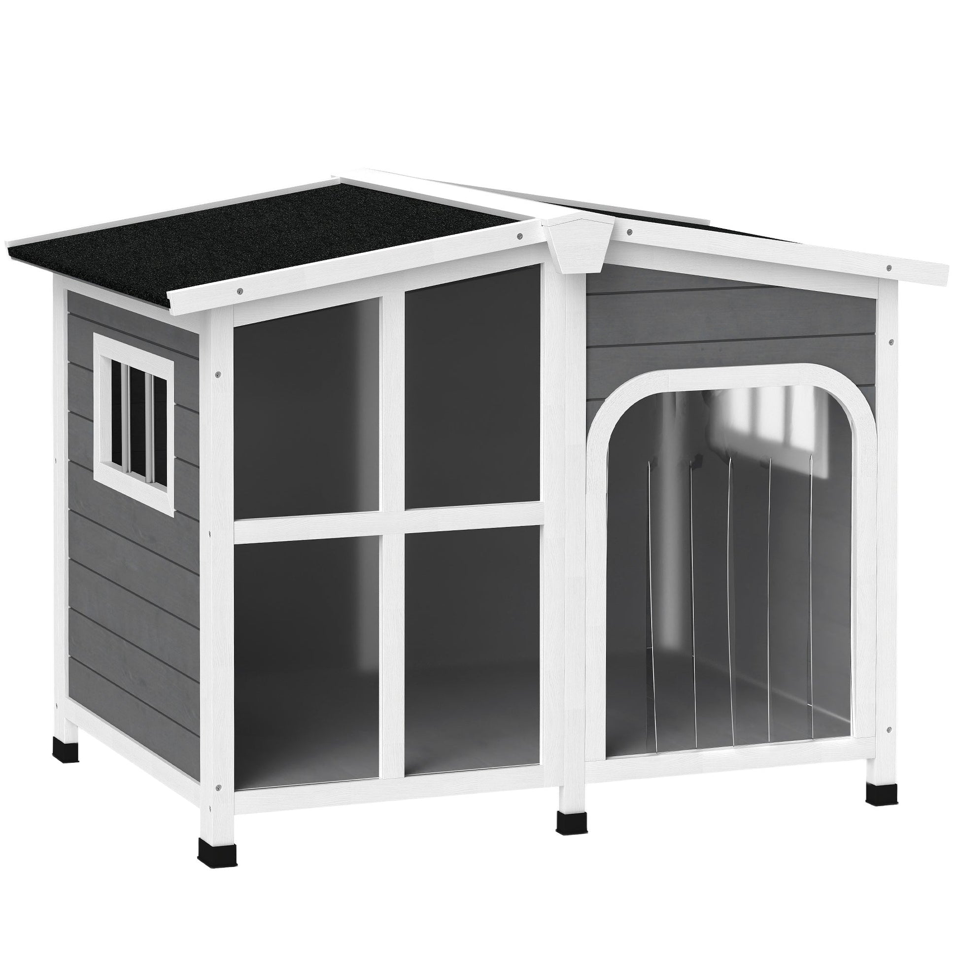 Wooden Dog Kennel, Elevated Dog House with Removable Floor, Asphalt and Openable Roof, Giant Window, Outdoor Pet House Shelter for Large Dogs, Charcoal Grey