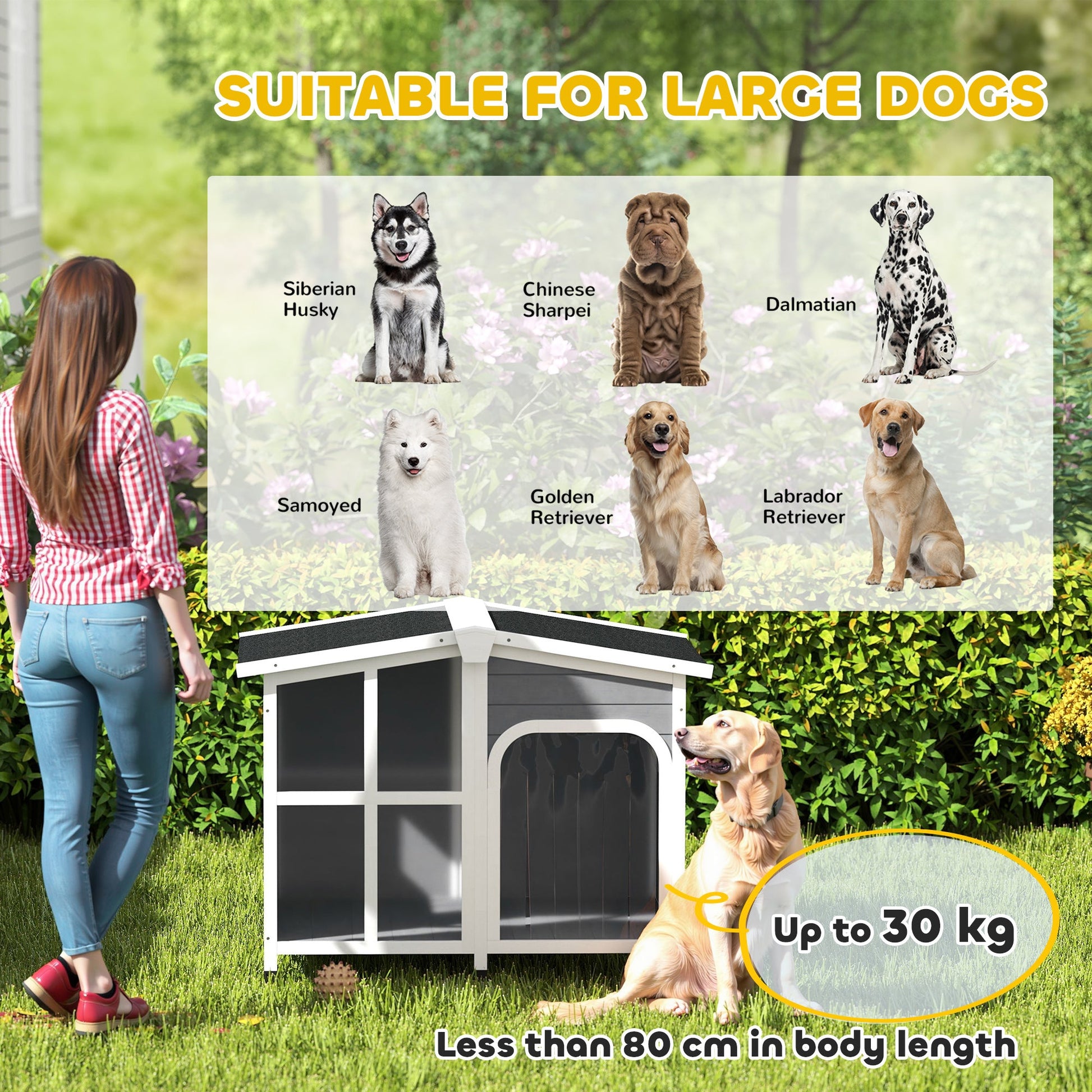 Wooden Dog Kennel, Elevated Dog House with Removable Floor, Asphalt and Openable Roof, Giant Window, Outdoor Pet House Shelter for Large Dogs, Charcoal Grey