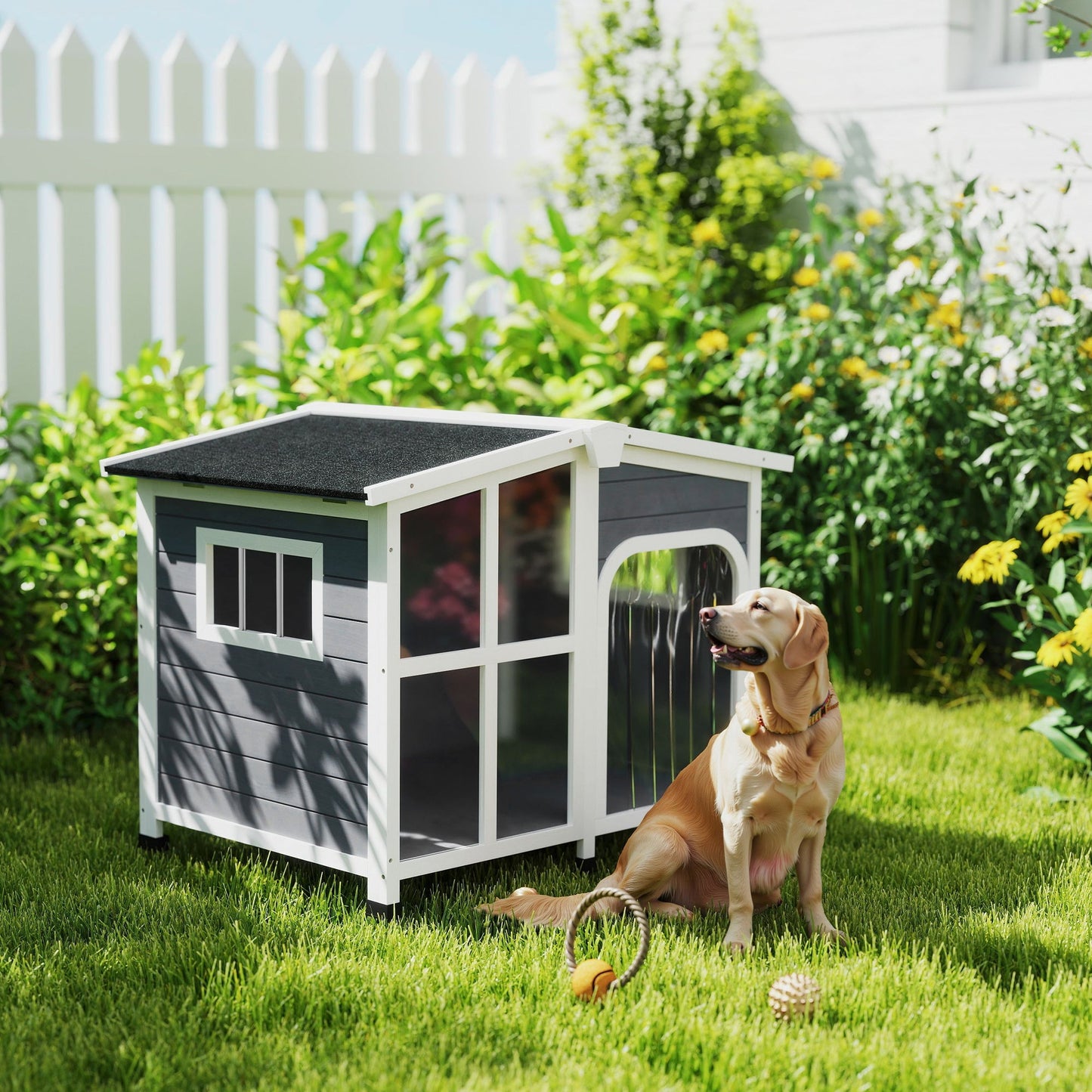 Wooden Dog Kennel, Elevated Dog House with Removable Floor, Asphalt and Openable Roof, Giant Window, Outdoor Pet House Shelter for Large Dogs, Charcoal Grey