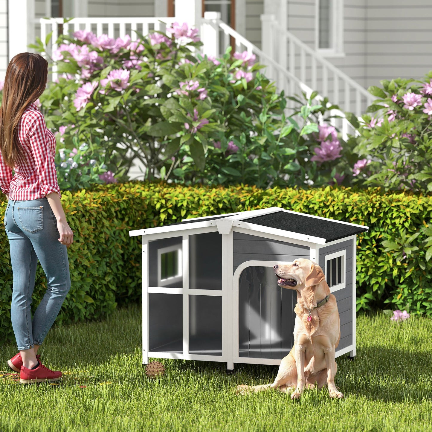 Wooden Dog Kennel, Elevated Dog House with Removable Floor, Asphalt and Openable Roof, Giant Window, Outdoor Pet House Shelter for Large Dogs, Charcoal Grey