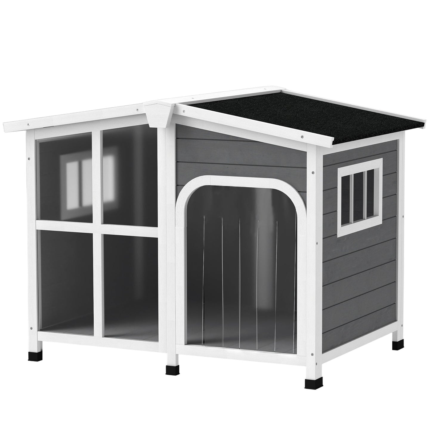 Wooden Dog Kennel, Elevated Dog House with Removable Floor, Asphalt and Openable Roof, Giant Window, Outdoor Pet House Shelter for Large Dogs, Charcoal Grey