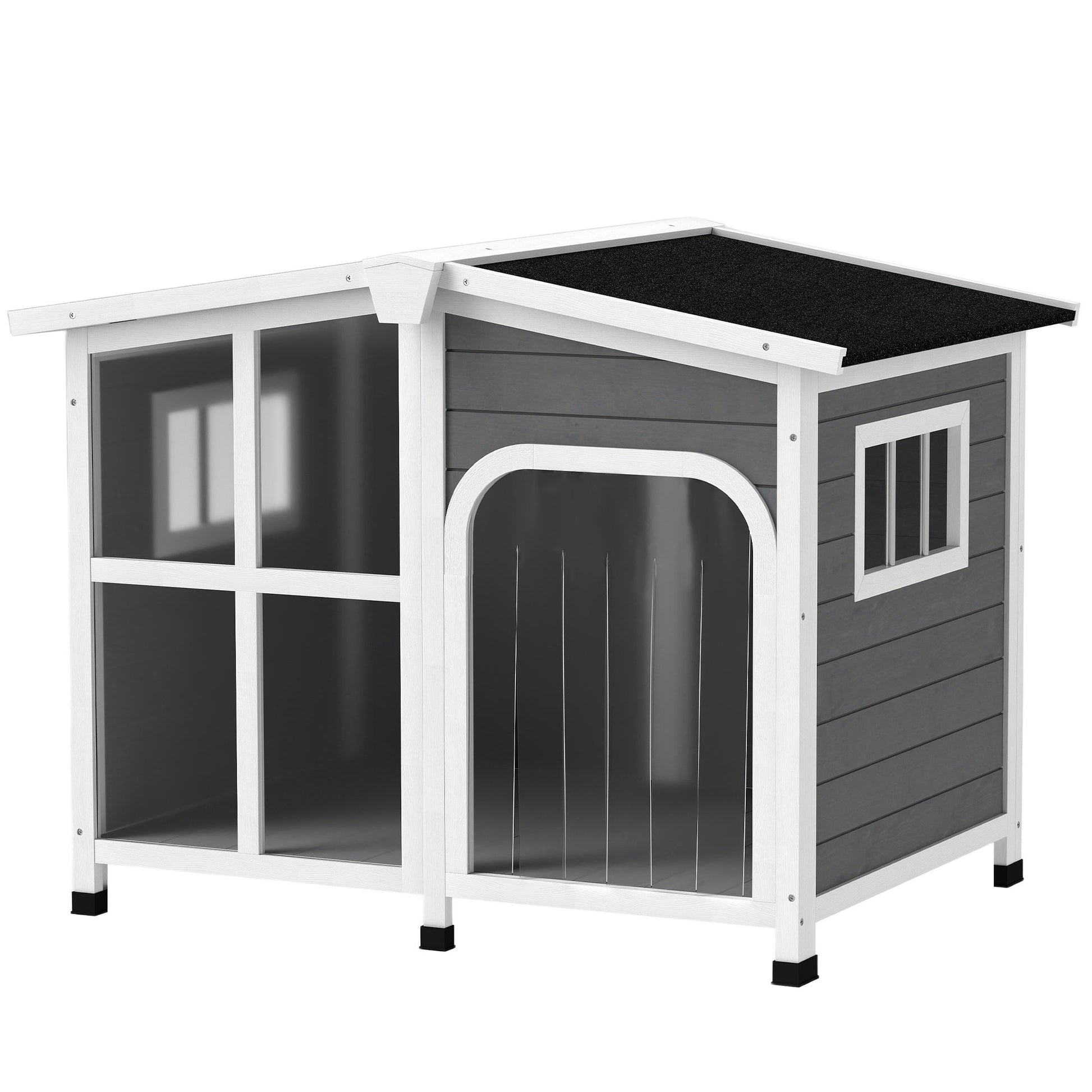 Wooden Dog Kennel, Elevated Dog House with Removable Floor, Asphalt and Openable Roof, Giant Window, Outdoor Pet House Shelter for Large Dogs, Charcoal Grey