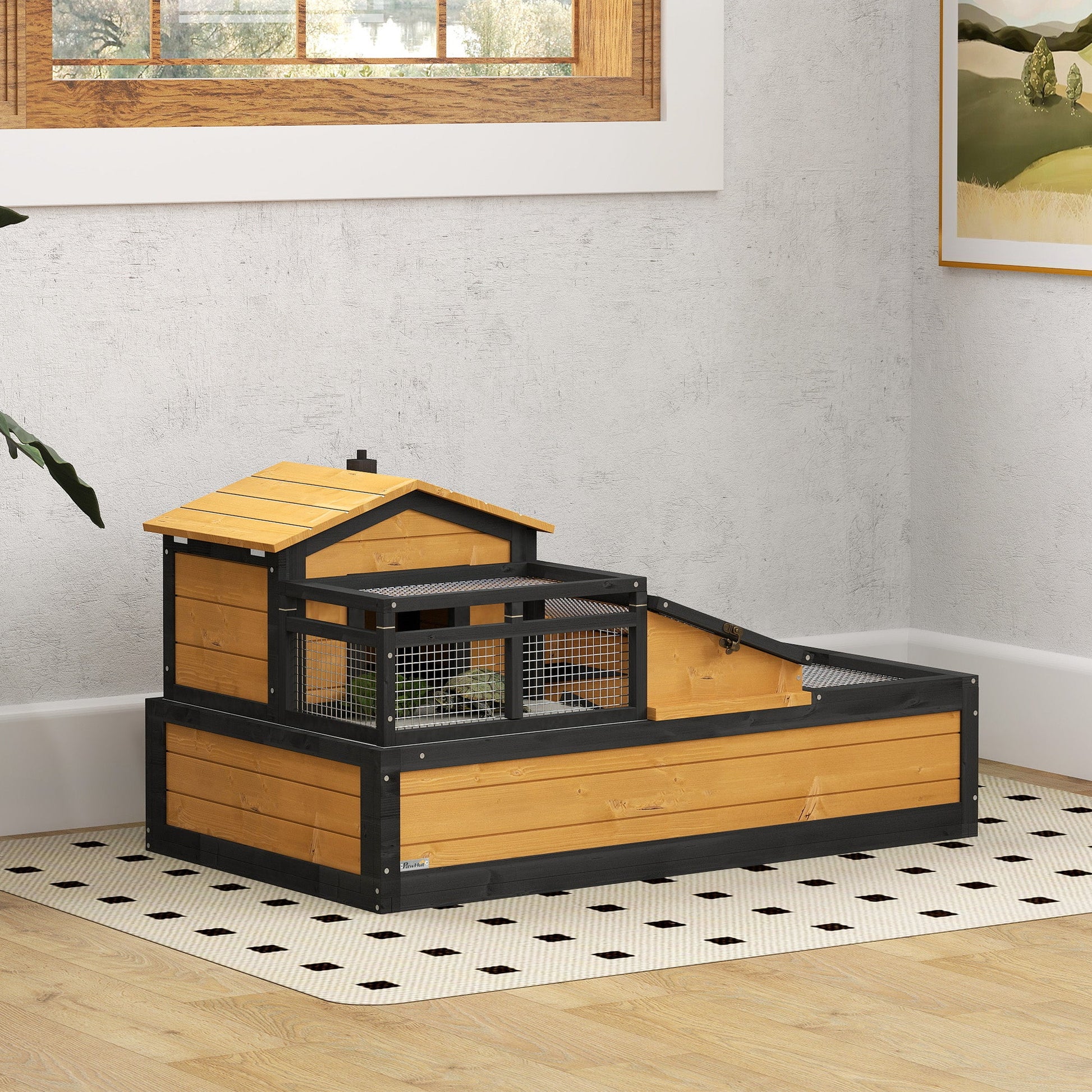 Tortoise House 3-Room Wooden Tortoise Enclosure Large Reptile Cage with 2 Stories, Ladder, Balcony, Tray, Openable Roof, 60H x 112L x 65Wcm, Yellow