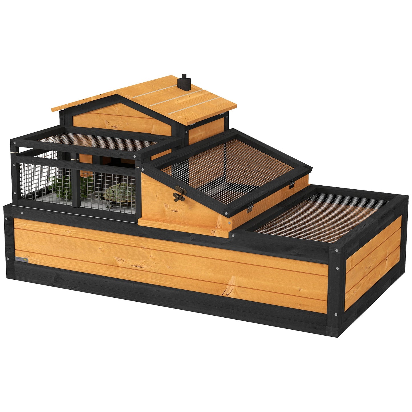 Tortoise House 3-Room Wooden Tortoise Enclosure Large Reptile Cage with 2 Stories, Ladder, Balcony, Tray, Openable Roof, 60H x 112L x 65Wcm, Yellow