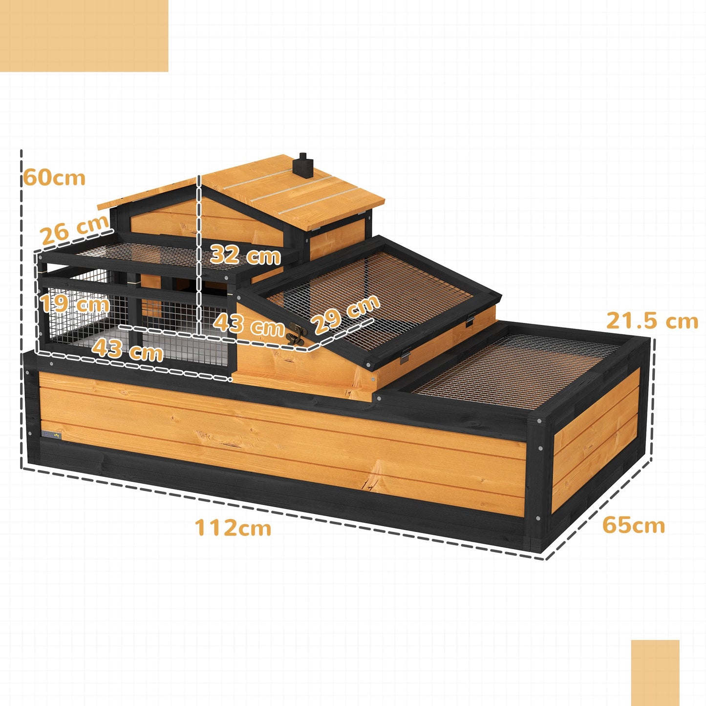 Tortoise House 3-Room Wooden Tortoise Enclosure Large Reptile Cage with 2 Stories, Ladder, Balcony, Tray, Openable Roof, 60H x 112L x 65Wcm, Yellow